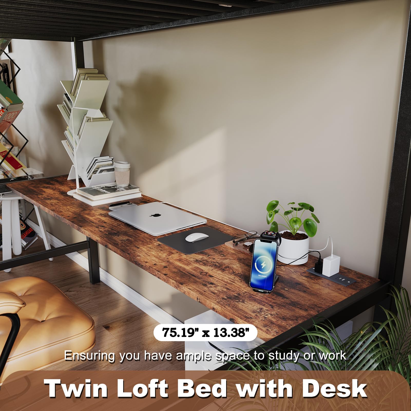 Twin Size Loft Bed with Desk & Storage - Heavy Duty Metal Bunk Bed Frame with Charging Station & LED Lights for Kids, Teens and Adults - Perfect for Small Spaces, Dorm Rooms & Bedrooms