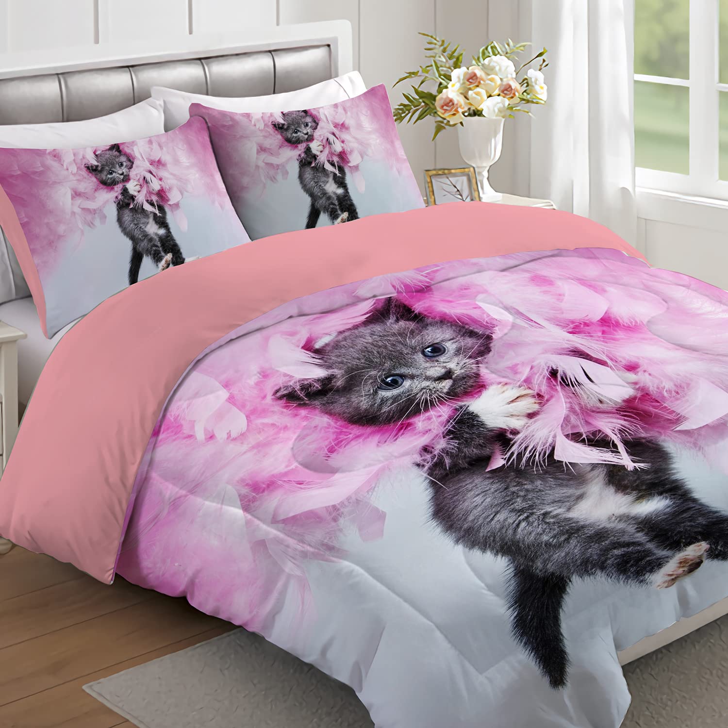 Yasida Queen Size Cat Comforter Set - Pink Feathers & Black Cat Design, 3-Piece Bedding Set (1 Comforter + 2 Pillowcases) for Kids, Boys & Girls - Soft & Cozy Animal Pet Theme Bedding for Bedroom Decor