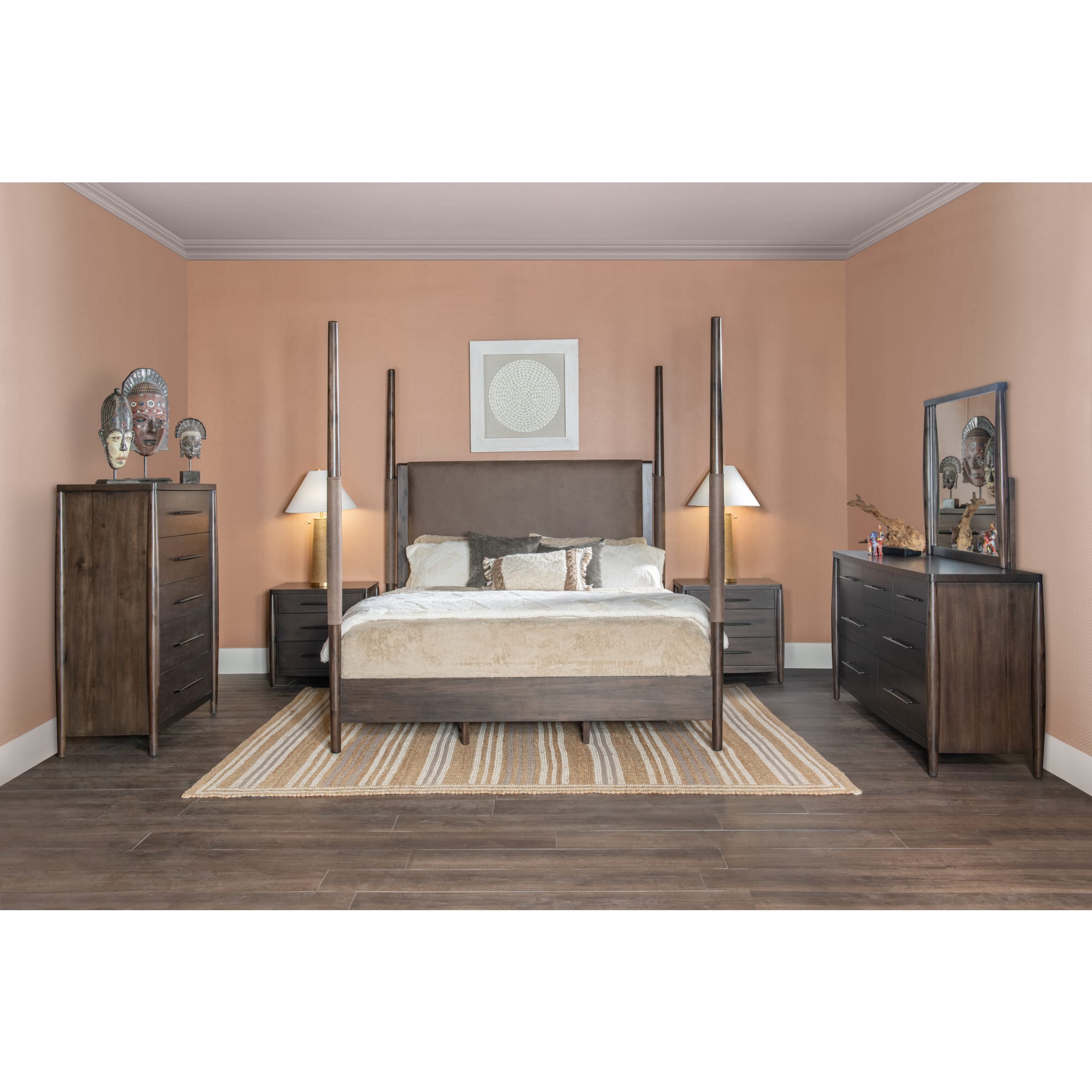 Luxury Koko Upholstered Poster Bed with Minx Fabric - Queen Size Bed Frame for Modern Bedroom, Perfect for Master Suite or Guest Room Decor