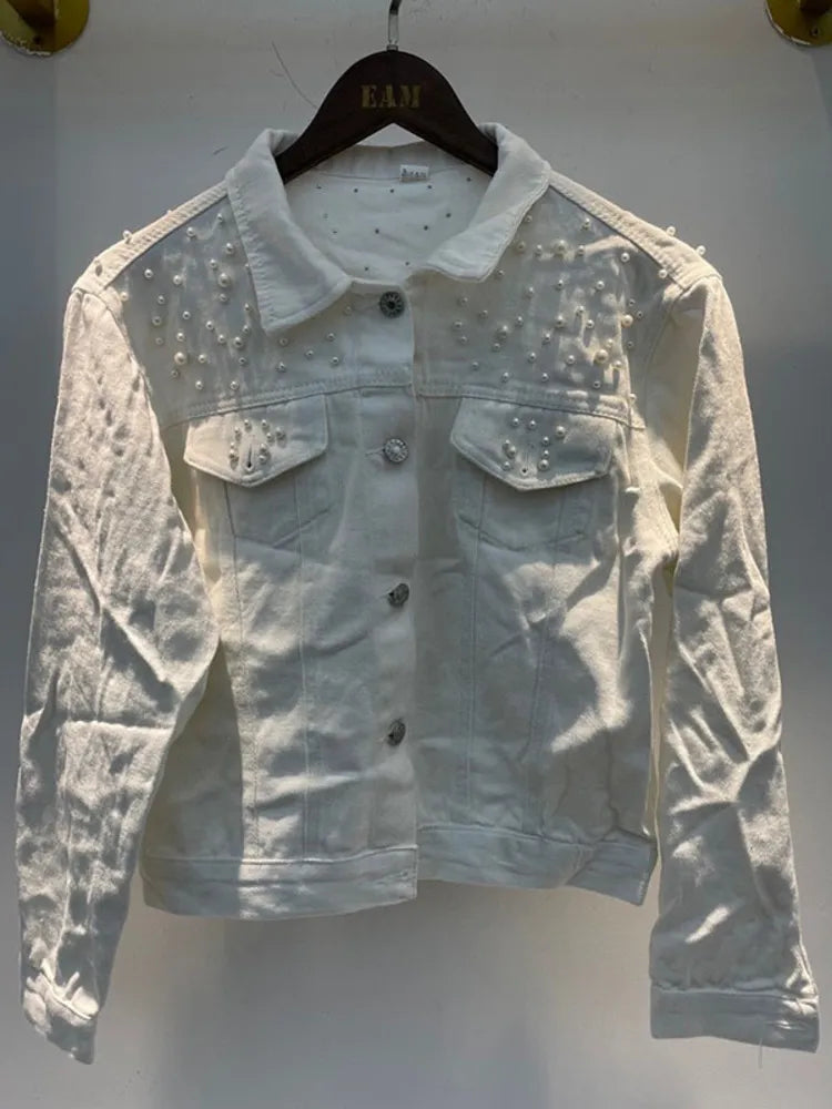 Stylish Women's Denim Jacket with Pearl Buttons - Loose Fit Full Sleeve Short Lapel Jacket for Casual Fall Outfits | Perfect for Autumn Layering, Weekend Wear & Street Style Fashion