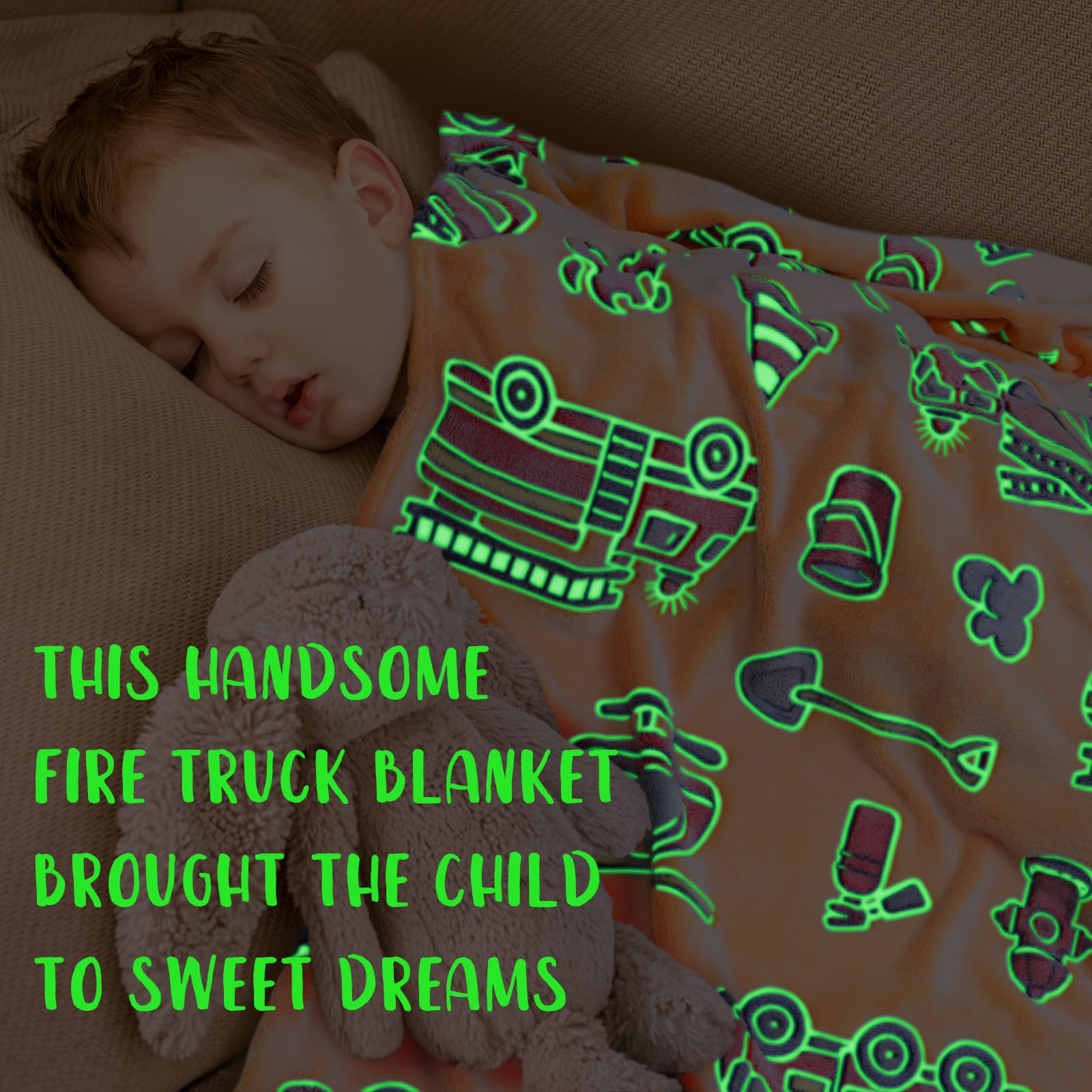 Glow in The Dark Fire Truck Blanket for Toddler Boys - Soft & Cozy Throw Blanket with Toy Fire Trucks Design - Perfect Birthday Gift for Kids, Boys & Toddlers - Ideal for Bedtime, Nap Time & Playtime