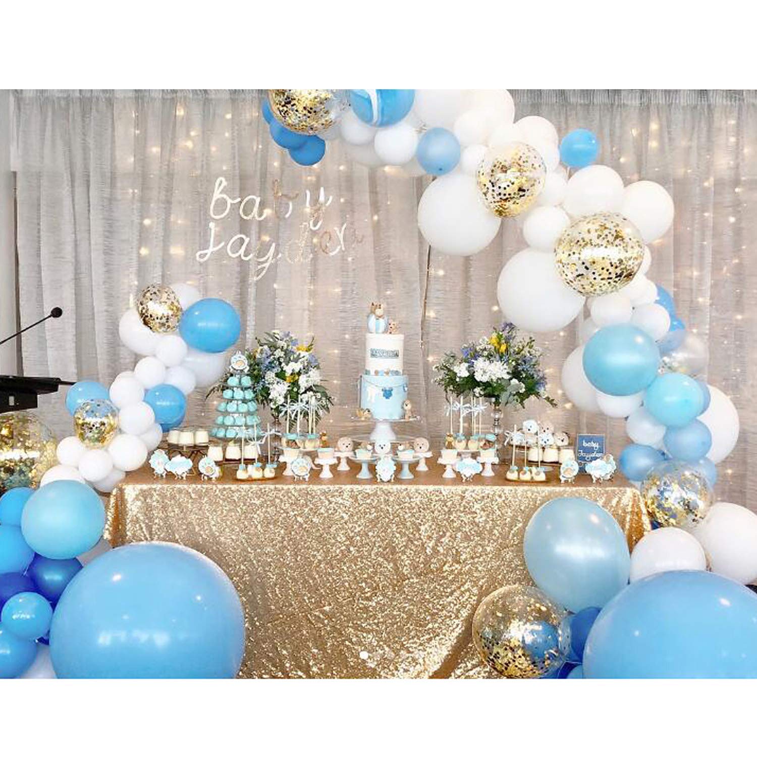 112 Pcs Blue Gold & White Balloons Set - 12 inch & 5 inch Sky Blue, Light Blue, Gold Confetti, White Balloons for Royal Baby Shower Decorations, Birthday Parties, Gender Reveal Events and Wedding Decor