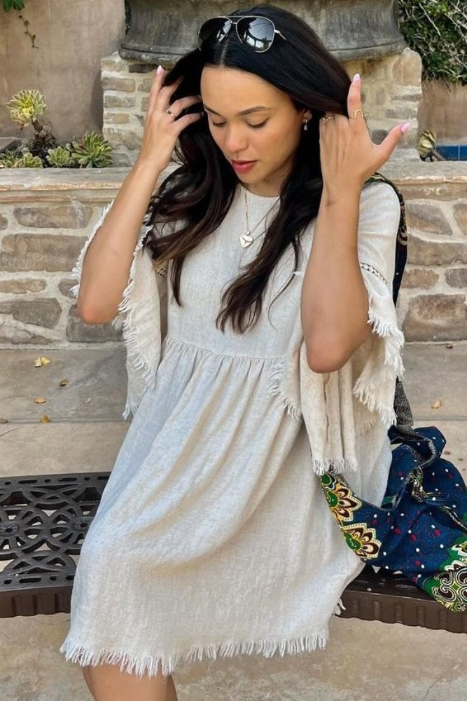 Beige Raw Edge Bell Sleeve Babydoll Dress for Women - Boho Chic Lace Trim Mini Dress - Perfect for Summer, Beach, Music Festivals & Date Nights