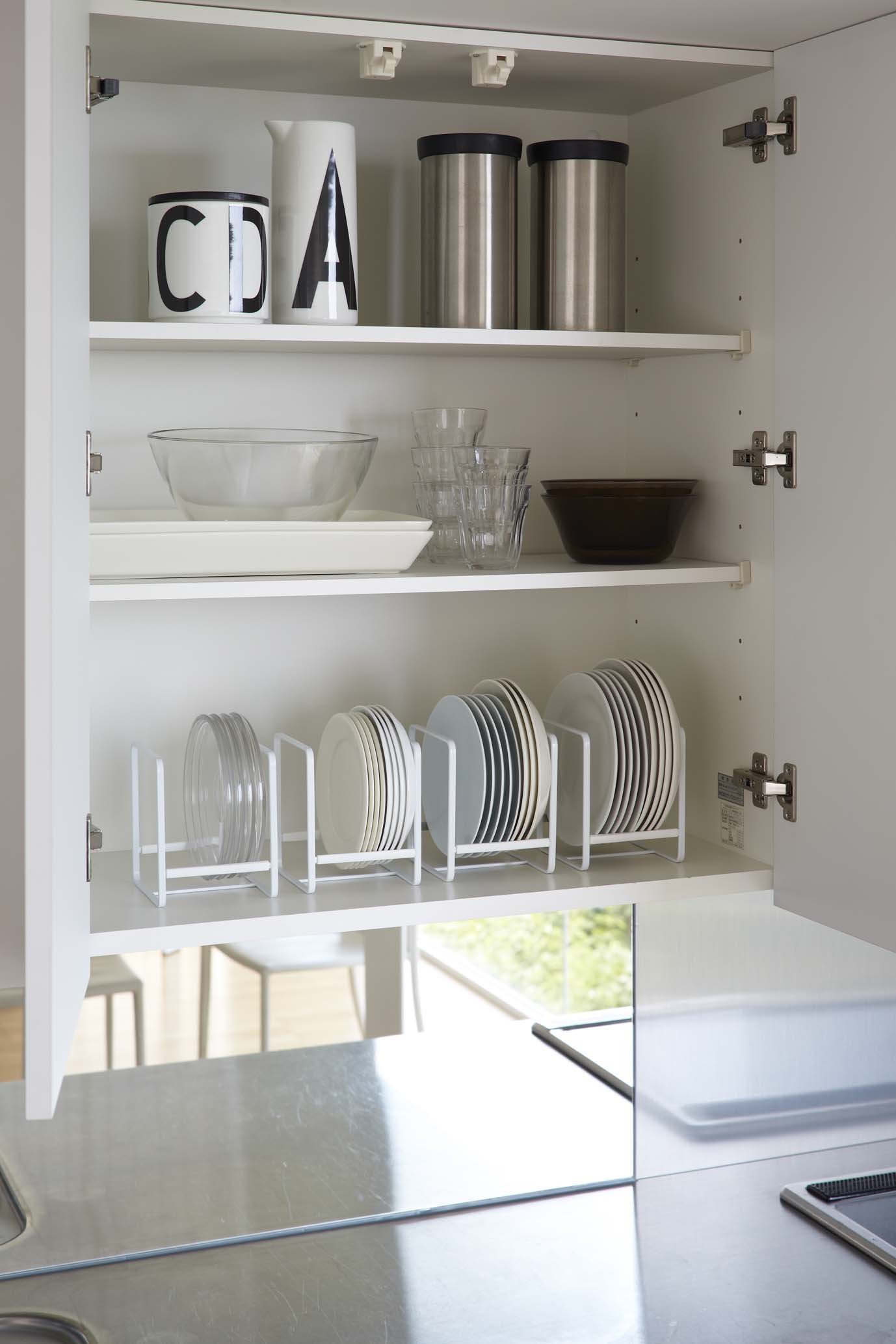 Yamazaki Home White Small Dish Organizer Storage Rack for Kitchen Cabinets - Perfect for Organizing Plates, Bowls & Cups in Pantry or Cabinet