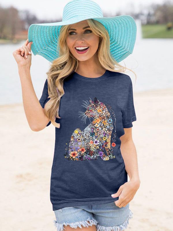 Women's Cat Lady Floral Print T-Shirt - Cute Cat Mom Short Sleeve Casual Top for Cat Lovers | Perfect for Everyday Wear, Gifts & Cat-Themed Events