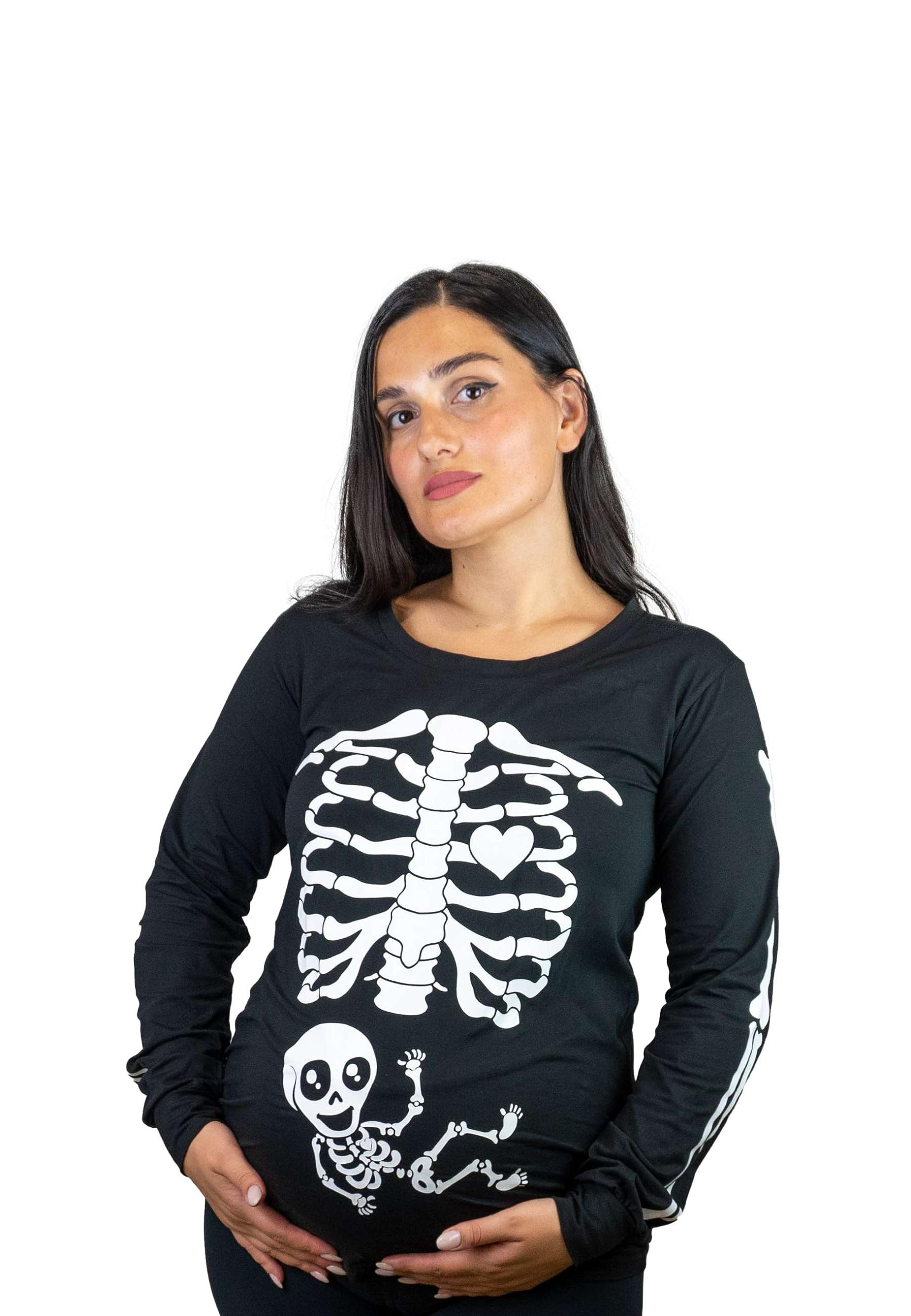 Halloween Couple Glow in The Dark Long Sleeve T-Shirts | Skeleton Ribcage & Burger Print Tees for Men & Maternity | Fun Matching Outfits for Couples, Parties & Halloween Events