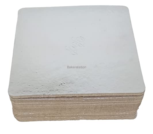Bakerelation 8 Inch Square Cake Base - 5-Piece Corrugated Cardboard Cake Stands for Baking & Decorating - Silver Finish for Birthday, Wedding & Party Dessert Displays