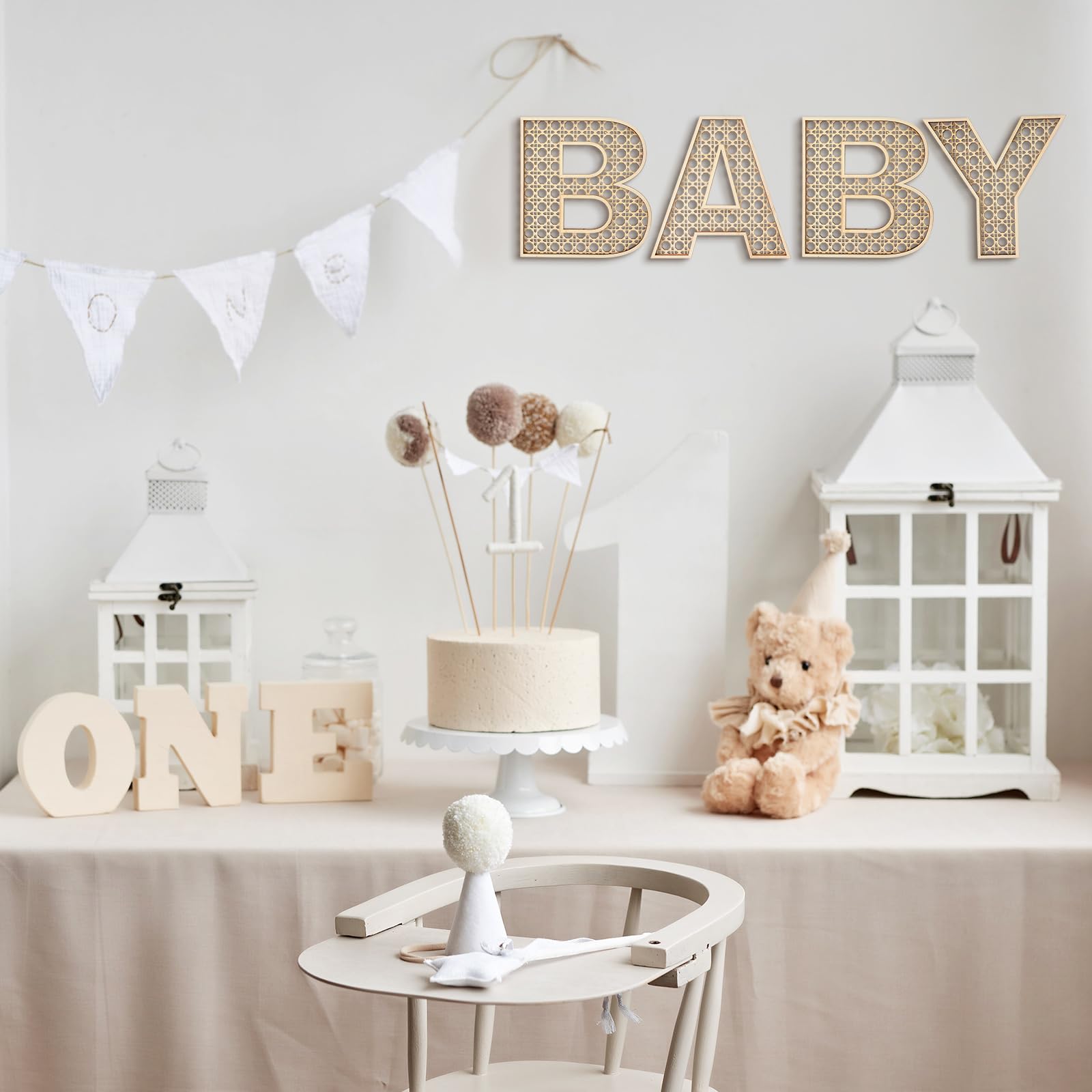 4 Pcs Wooden Baby Name Letters - 8 Inch Boho Nursery Wall Decor with Rattan & Wildflower Design - Perfect for Baby Shower, Newborn Gift, Birthday Present & Gender Neutral Nursery Room Decor