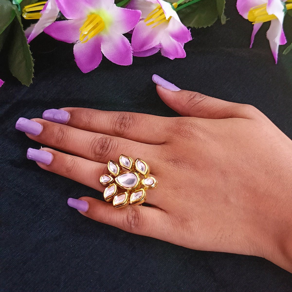 Elegant Gold Plated Royal Kundan Beaded Ring - Design 168 | Indian Bridal Jewelry for Weddings, Parties & Special Occasions