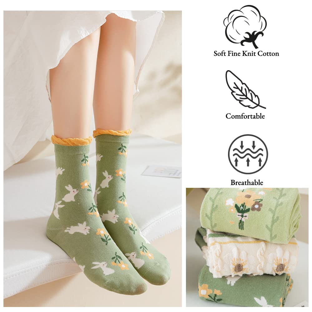 Floral Crew Socks for Women & Girls - 5 Pack Cotton Flower Print Ankle Socks with Ruffled Trim - Green Aesthetic Casual Dress Socks for Everyday Wear, Gift Giving & Fashion Outfits