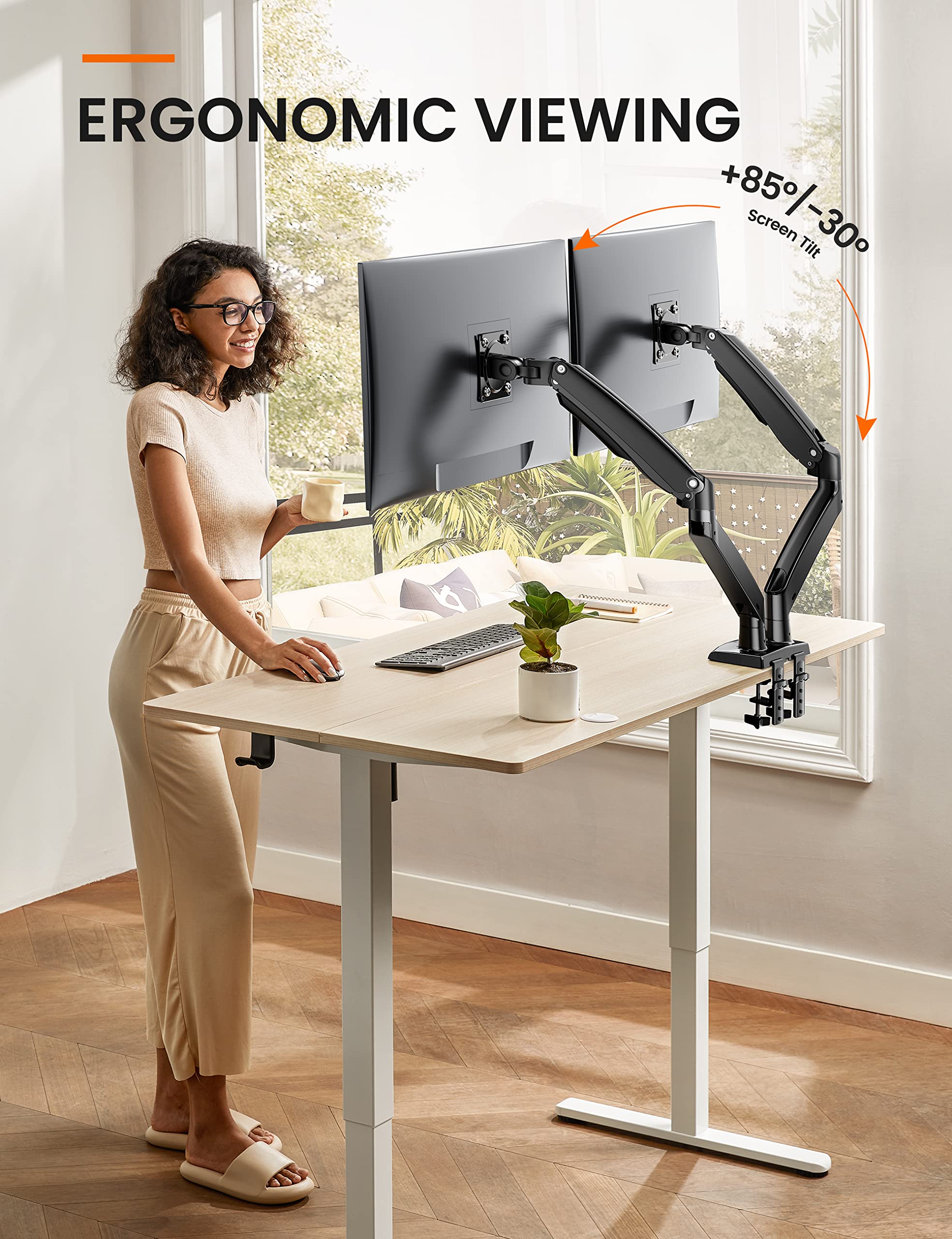 ErGear Dual Monitor Stand for 13-40 Inch Screens, Heavy Duty Adjustable Monitor Arm with USB Ports, Max 26.4lbs Capacity - VESA 75x75/100x100 (Black) - Perfect for Home Office, Gaming Setup & Workstation Ergonomics