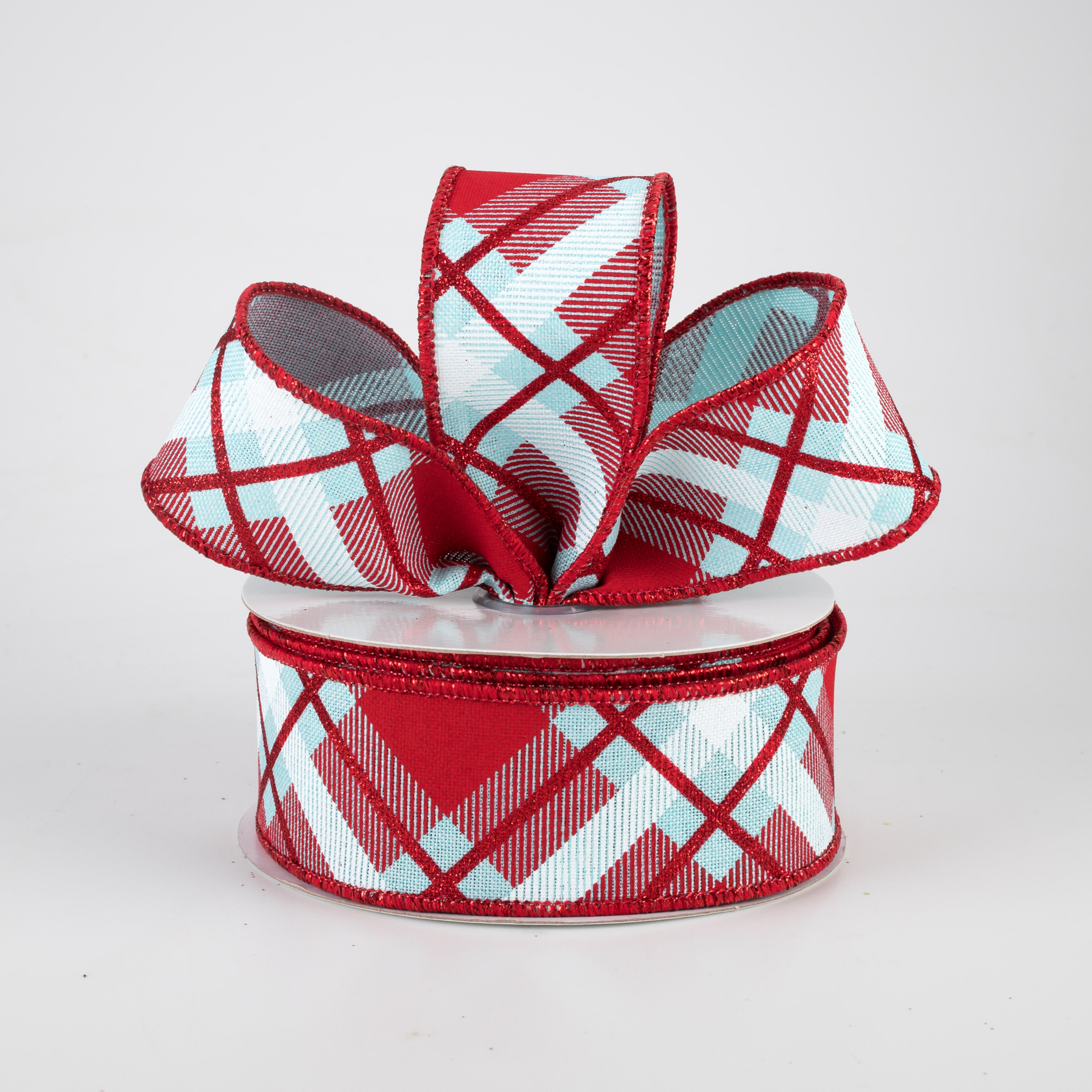 1.5 Inch Glitter Plaid Ribbon - Ice Blue, Red & White Christmas Craft Ribbon (10 Yards) for Gift Wrapping, DIY Decorations, Holiday Bows and Party Favors