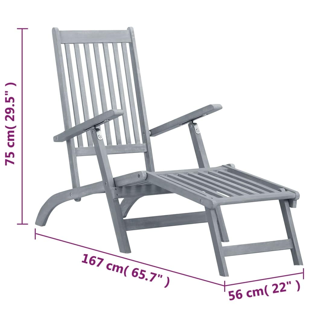 Gray Wash Solid Acacia Wood Patio Deck Chair with Adjustable Footrest - Outdoor Lounge Chair for Poolside, Garden, Backyard Relaxation & Sunbathing