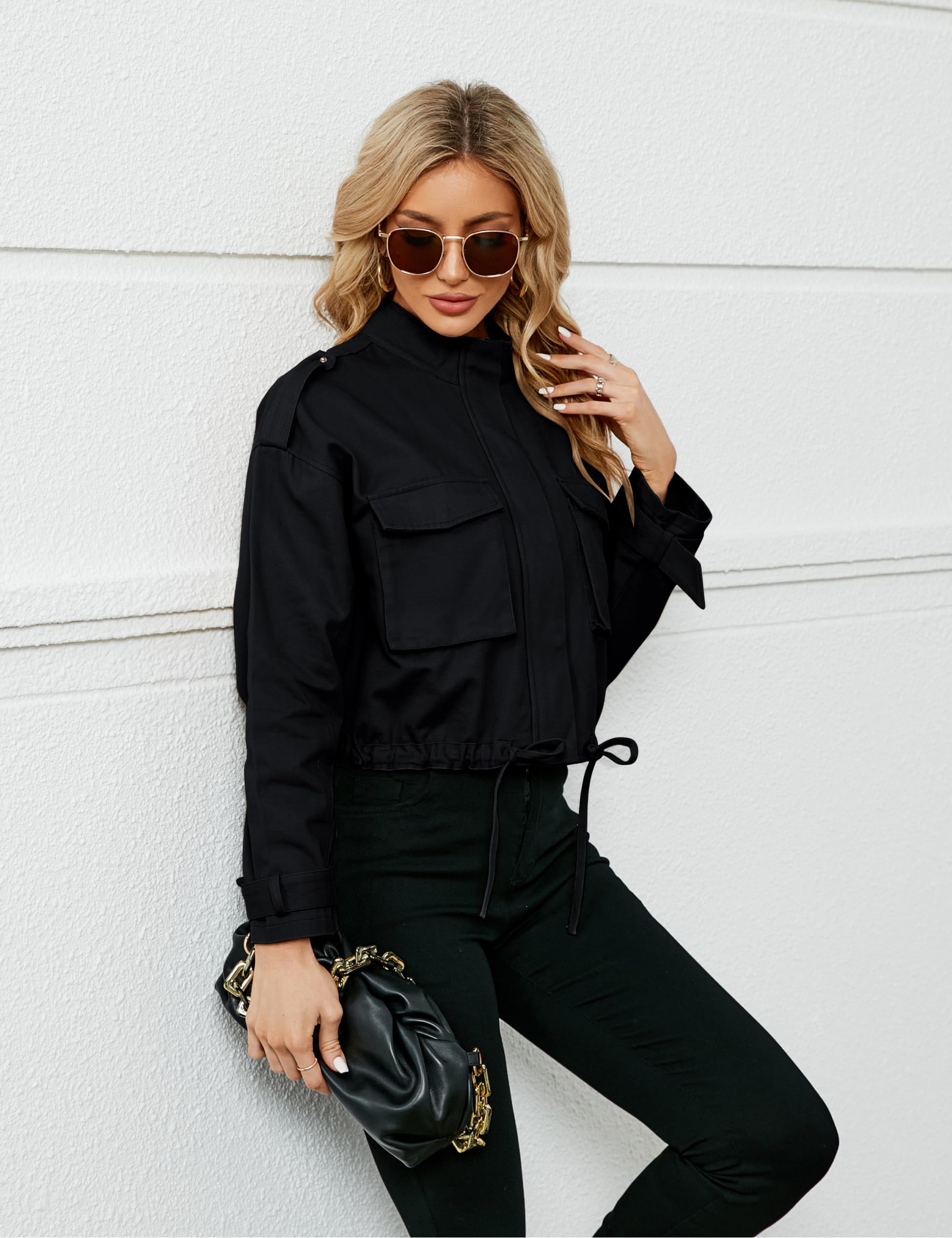 Women's Lightweight Black Cropped Jacket with Long Sleeves - Zip Up & Button Down Fall Tops for Casual Outings, Layering & Streetwear Fashion