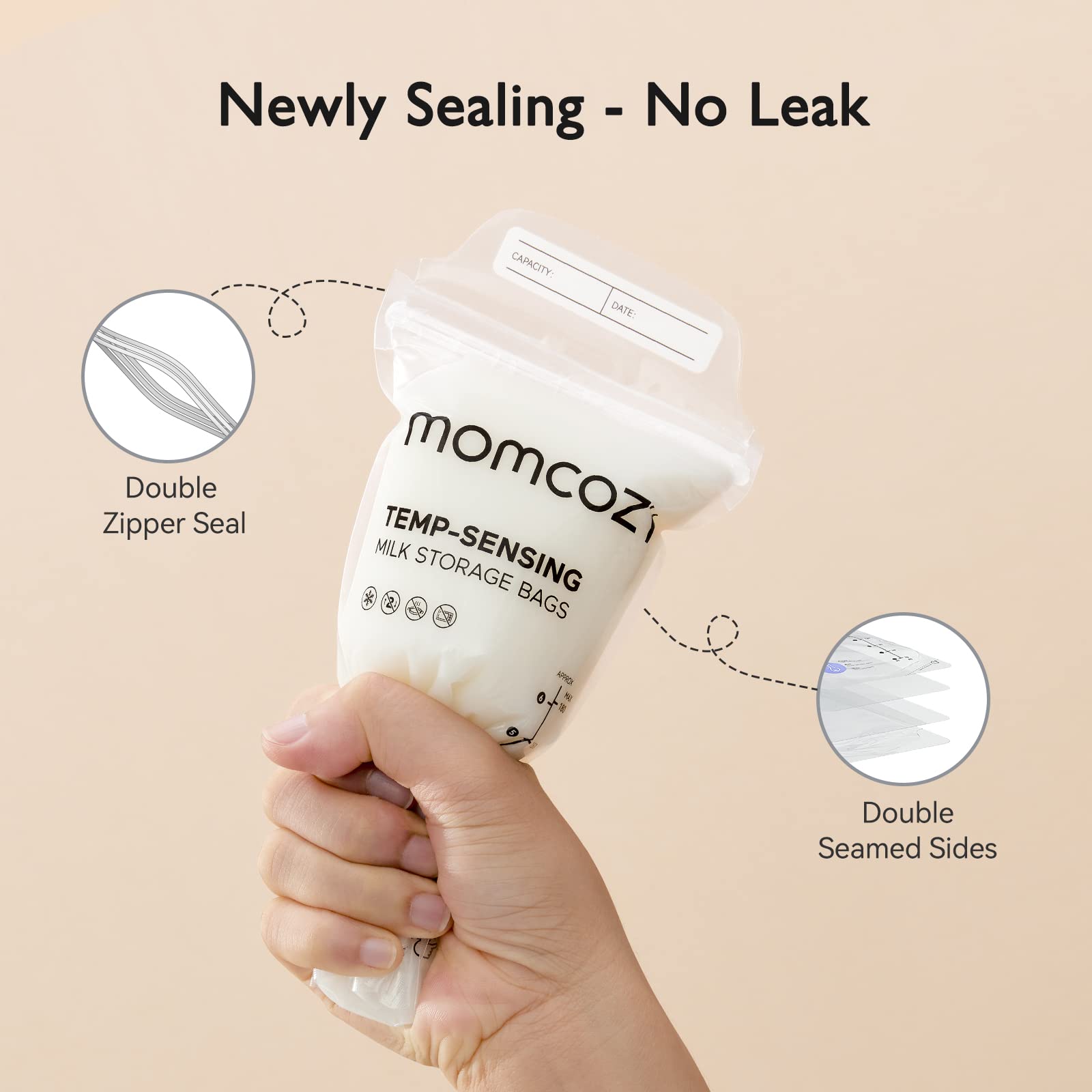 Momcozy Breastmilk Storage Bags - 120PCS, 6oz Self-Standing, Leak-Proof, Temp-Sensing Disposable Milk Freezer Bags for Breastfeeding Moms | Perfect for Travel, Work & Nighttime Pumping