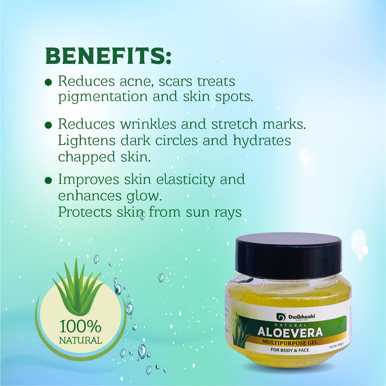 Dwibhashi Pure Aloe Vera Gel - 100g for Skin Care, Sunburn Relief & Hair Hydration | Natural Moisturizer for Face, Body & Scalp
