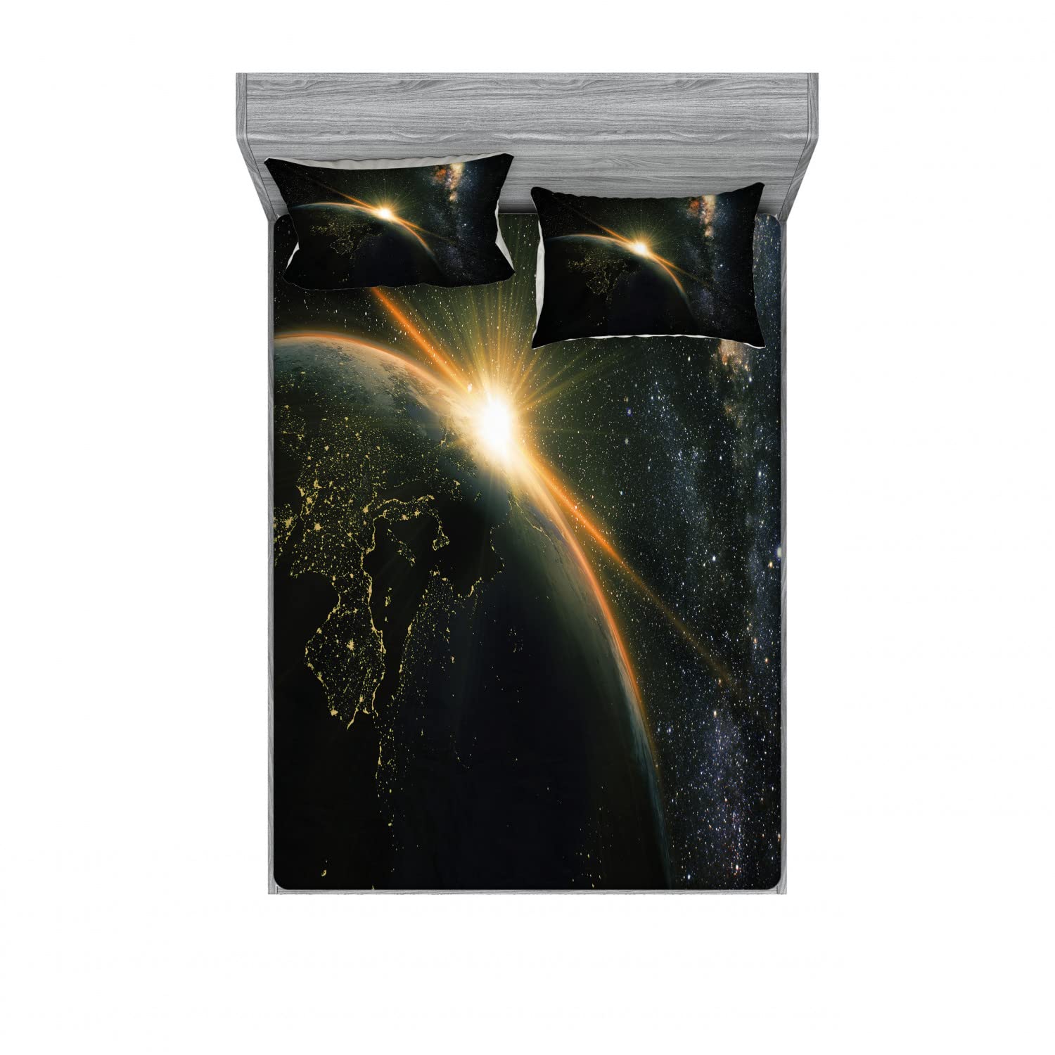 Ambesonne Galaxy 2-Pack King Size Fitted Sheet Set with 4 Pillow Shams - Space Themed Bedding with Sun Rising Over Earth Design - Black Luxury Bed Sheets for Adults & Teens - Perfect for Astronomy Lovers' Bedroom Decor