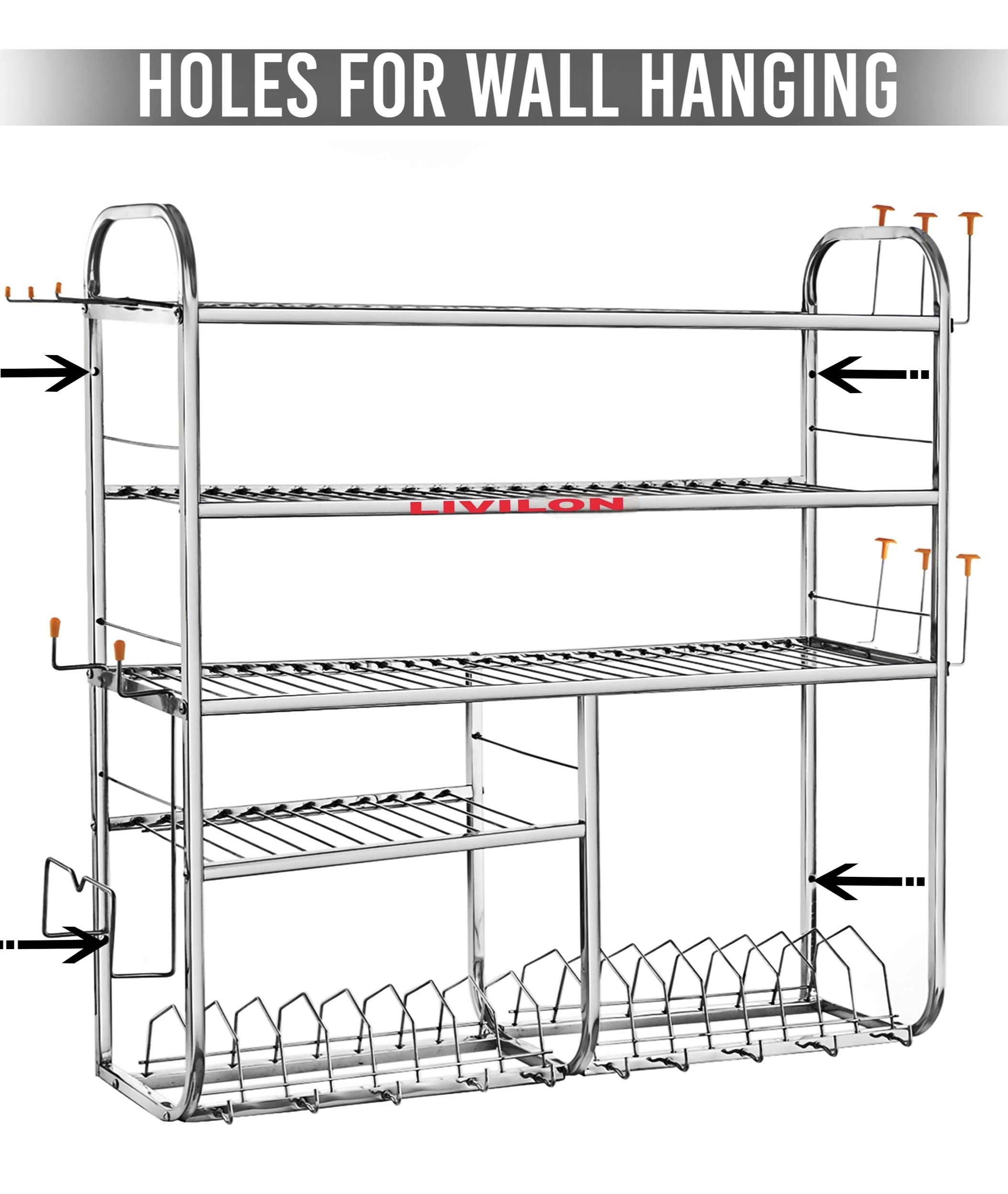 Stainless Steel Wall Mount Kitchen Utensil Rack - 5 Shelf Dish Organizer for Spoons, Plates & Cutlery (31x30x10 Inches) - Space Saving Kitchen Storage Solution for Small Apartments & Organized Cooking Spaces