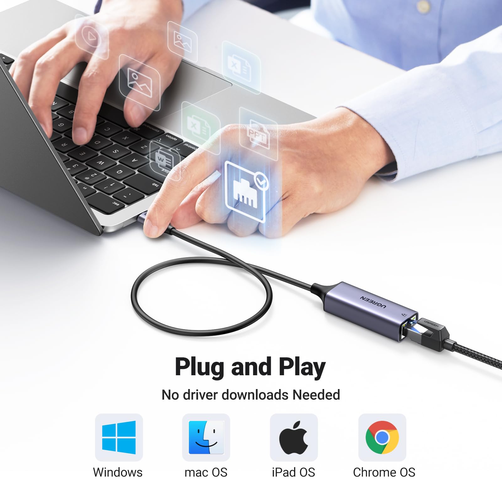 UGREEN USB C to Ethernet Adapter 1.6FT - Gigabit RJ45 to USB 3.0 Type-C Thunderbolt 3 LAN Network Dongle - Compatible with MacBook Pro, iPad Pro, Dell XPS, Surface Pro - Fast Wired Internet for Home Office, Gaming & Video Conferencing