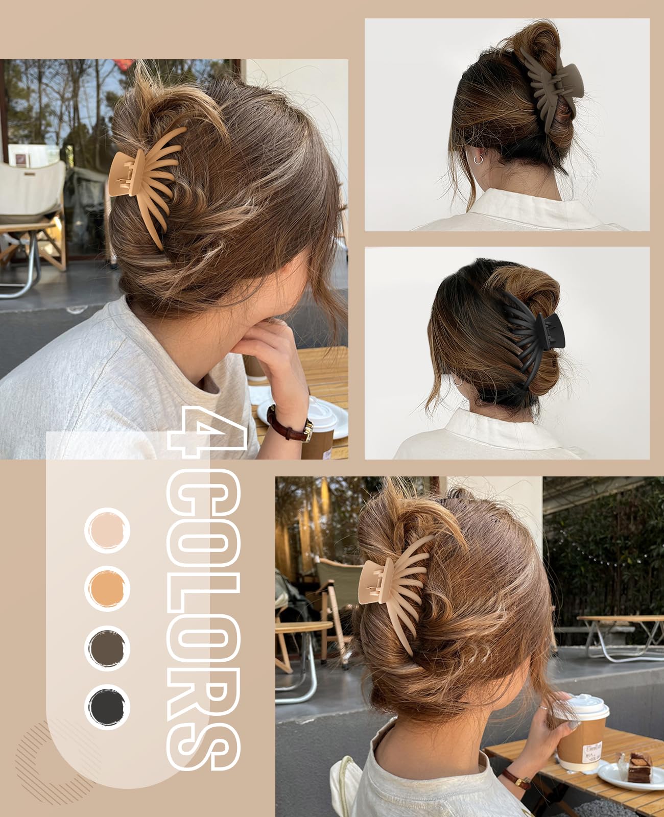 Extra Large Hair Claw Clips for Women - 4 Pack Strong Hold Hair Clips for Thick Hair (4.75 Inch) | Neutral Color Set: Blonde, Caramel, Chestnut, Black | Perfect for Updos, Ponytails & Everyday Hairstyles