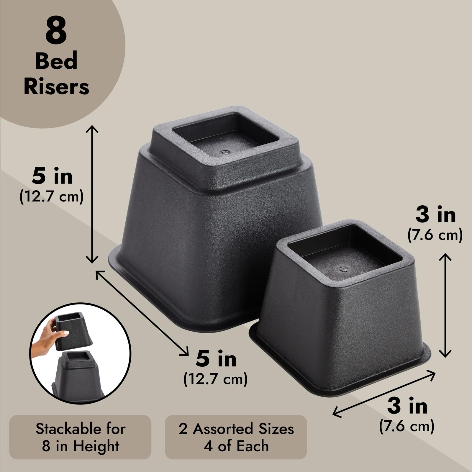 Juvale 8-Pack Heavy Duty Adjustable Bed Risers - 3, 5, 8 Inch Height Options for Platform Beds & Furniture, Supports 1100 lbs (500kg) - Perfect for Dorm Rooms, Home Storage & Raising Furniture for Cleaning