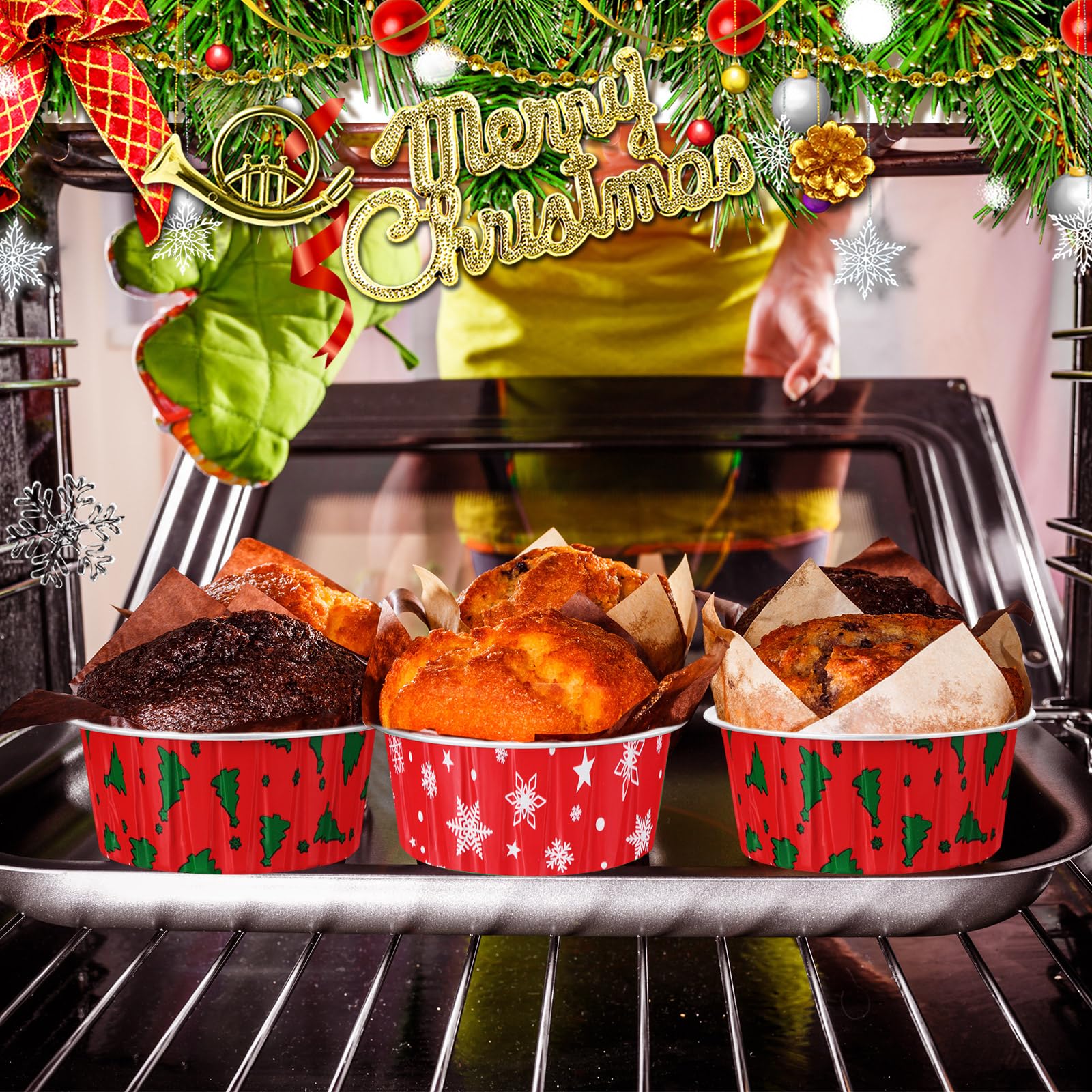 100 Pcs Christmas Aluminum Foil Baking Cups with Lids - 4.3oz Disposable Ramekins, Muffin & Cupcake Liners for Holiday Baking - Snowflake & Christmas Tree Design - Perfect for Christmas Parties, Cookie Exchanges & Festive Dessert Displays