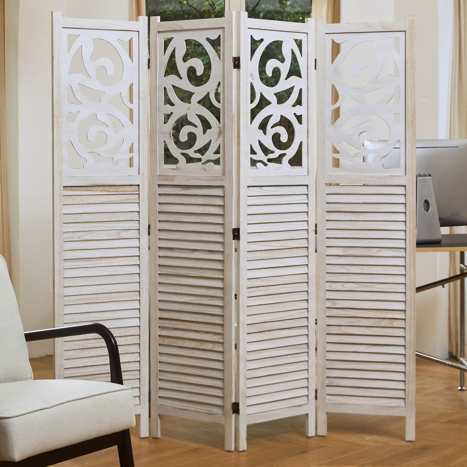 Wooden Room Divider Folding Partition Screen - 4 Panel 67x60 Inch Portable Wall Divider for Home, Office, Garden & Terrace - Perfect for Privacy, Space Separation & Decoration (White)