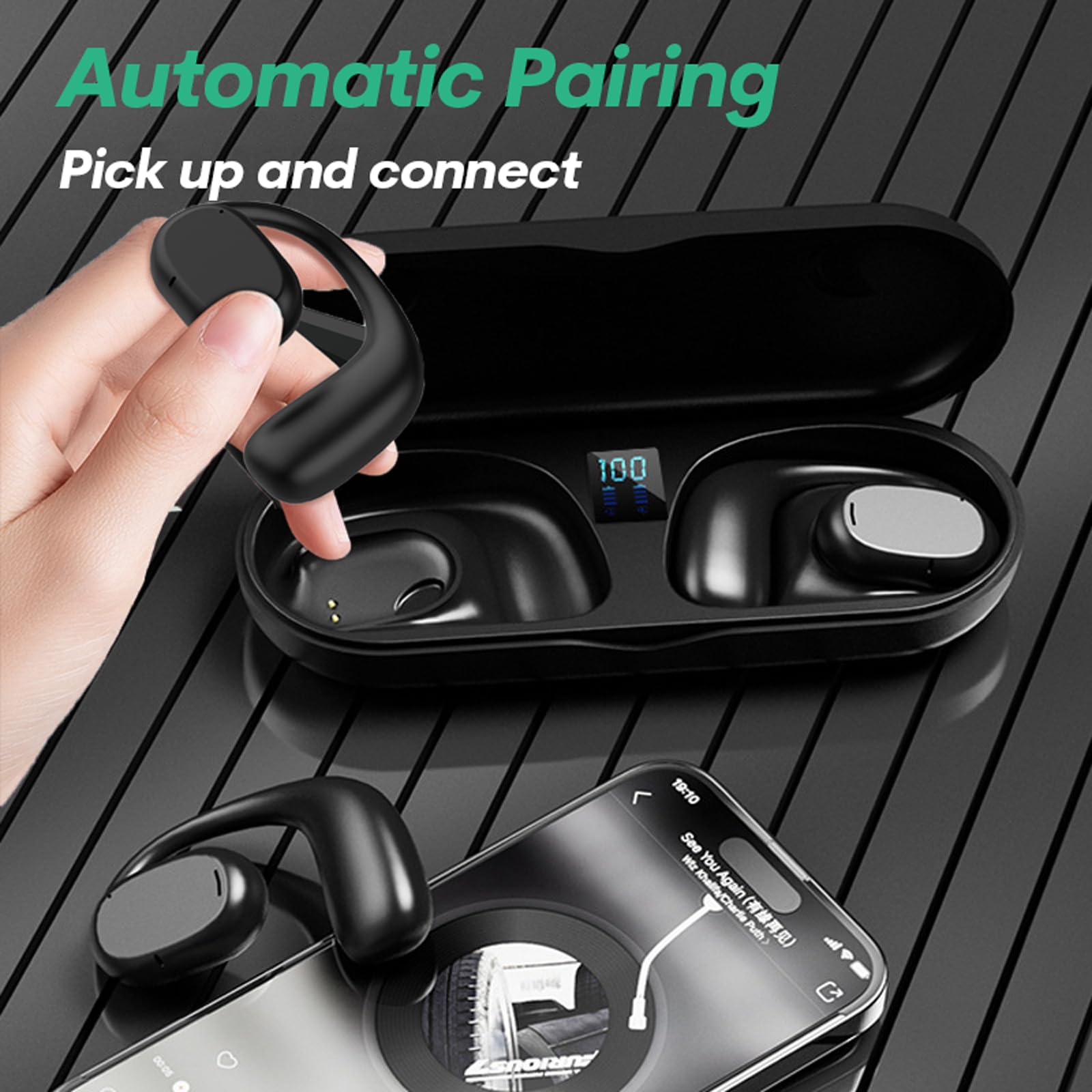 **Wireless Open Ear Bone Conduction Headphones – Bluetooth 5.0, Comfortable Earhooks, Sweatproof for Running, Cycling & Workouts**