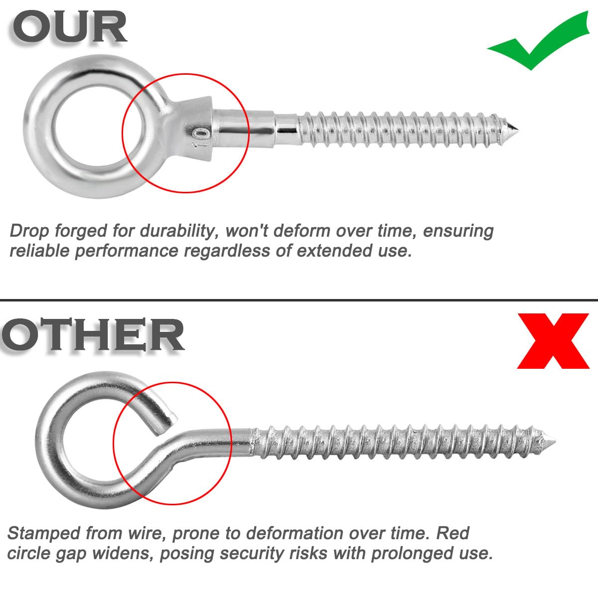 Abimars 4PCS M10 316 Stainless Steel Eye Bolts - 1000lbs Load Capacity Heavy Duty Screw Hooks for Hanging Hammocks, Swing Chairs, Heavy-Duty Suspension - Perfect for Outdoor, Garage, and Home Decoration Use