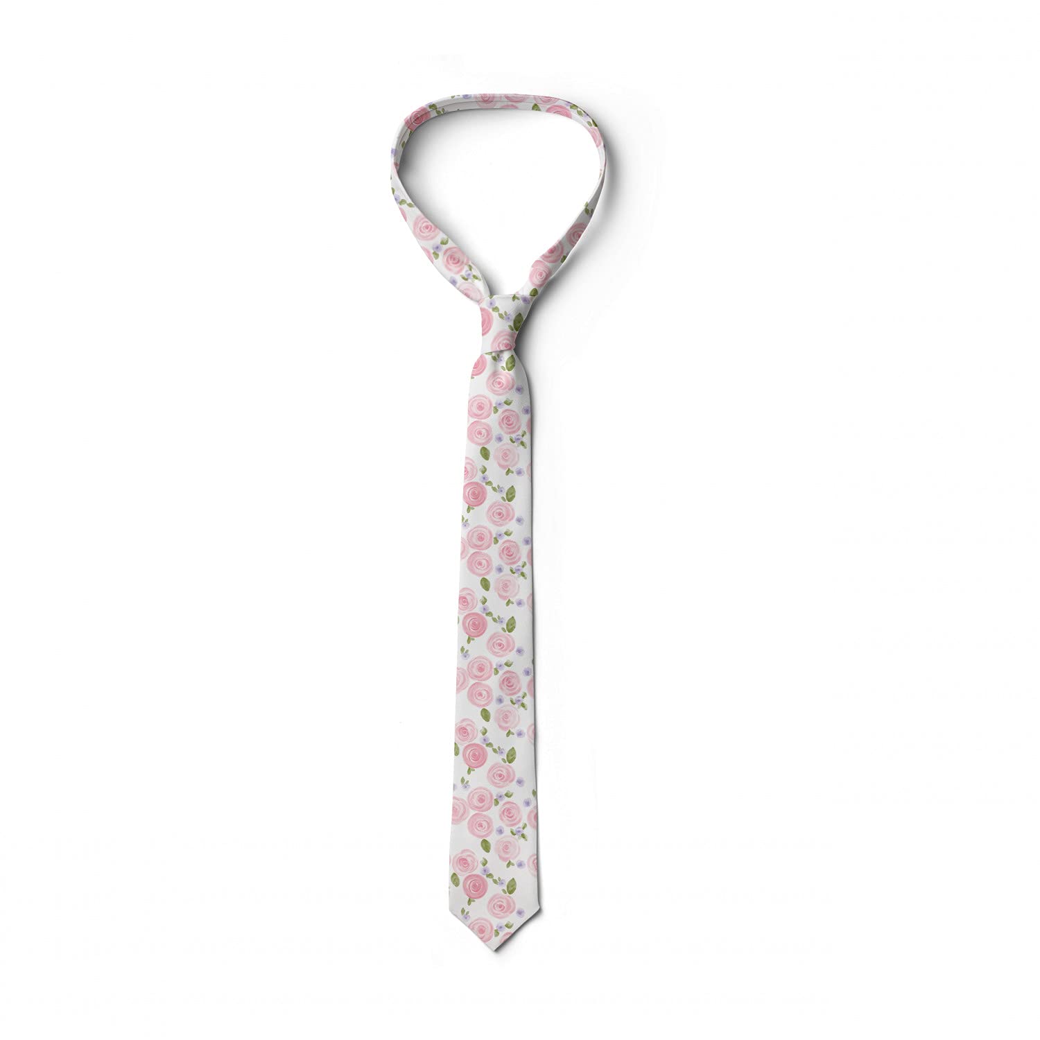 Ambesonne Men's Silk Tie - Elegant Watercolor Rose & Wild Flowers Design - 3.7