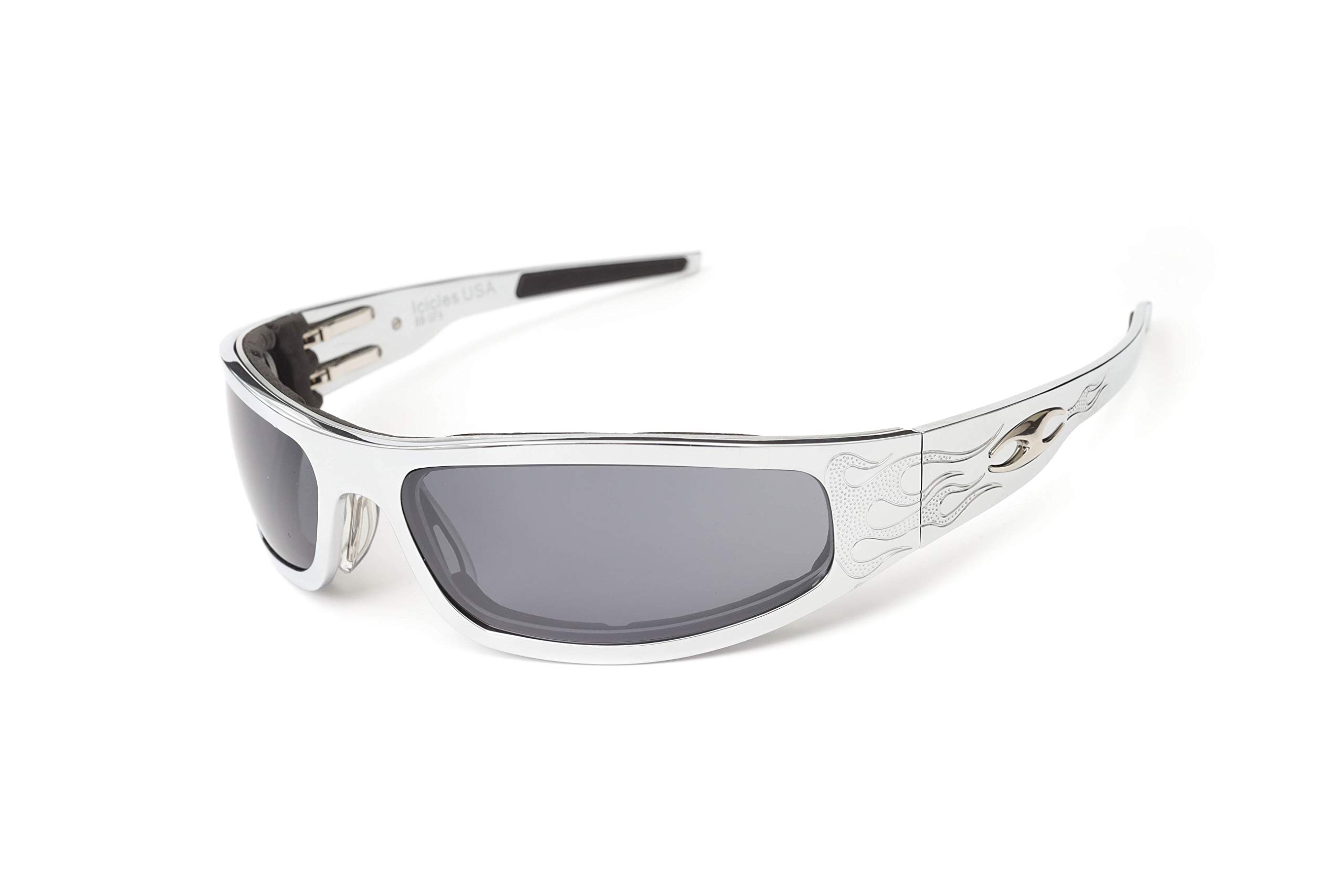Icicles Billet Aluminum Windproof Motorcycle Sunglasses - Foam Padded Biker Glasses with Chrome Flame Design - Perfect for Riding, Cruising & Outdoor Adventures