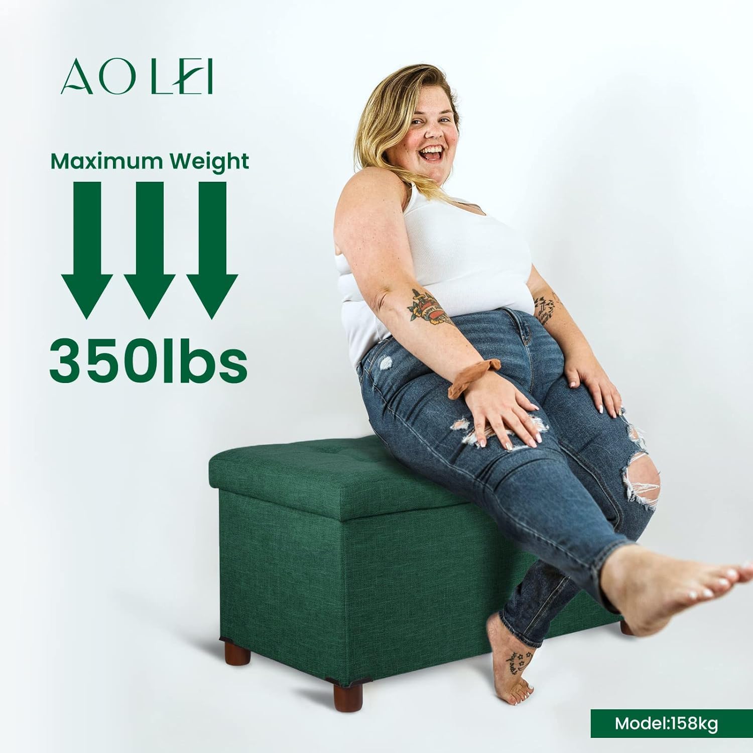 30 Inch Storage Ottoman Bench with Wooden Legs - Linen Fabric Green - Multi-Functional Foot Rest & Seat with Removable Lid - Perfect for Living Room, Bedroom End of Bed & Entryway Storage Solution
