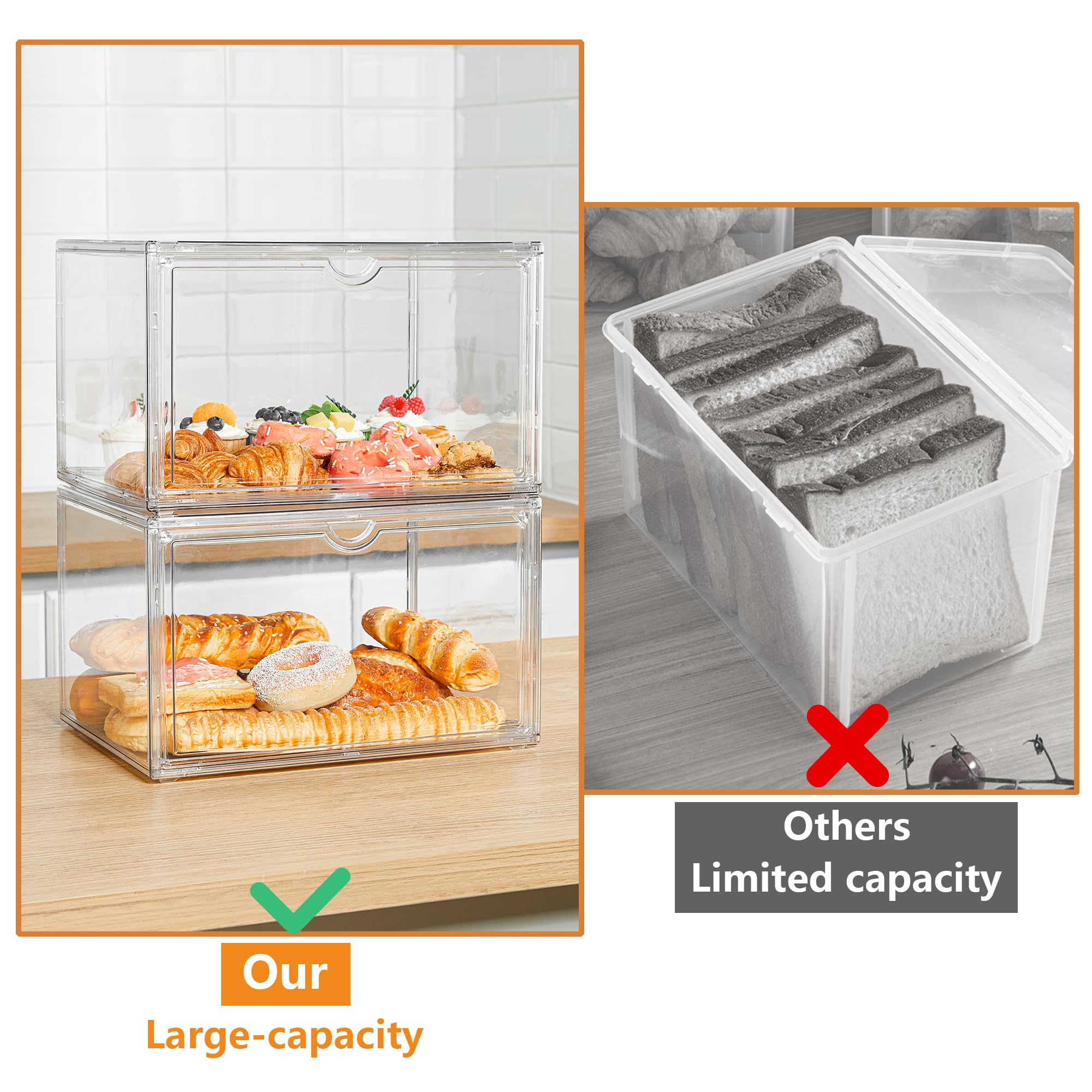 4-Piece Stackable Bread Storage Containers for Kitchen Countertop - Large Airtight Bread Box Set for Bread, Bagels, Muffins | Perfect for Bakery Display, Pantry Organization & Fresh Food Storage