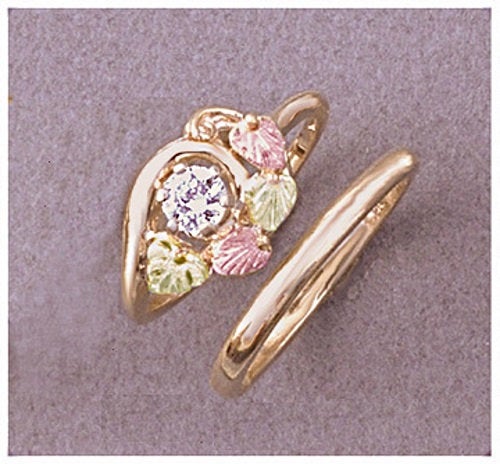 10kt Solid Gold Three-Tone Two Leaf Wedding Ring Set with Natural Ruby, Emerald, White or Blue Sapphire - Size 7 (643 663) Includes 3mm Band - Perfect for Engagement, Anniversary & Bridal Jewelry Gifts