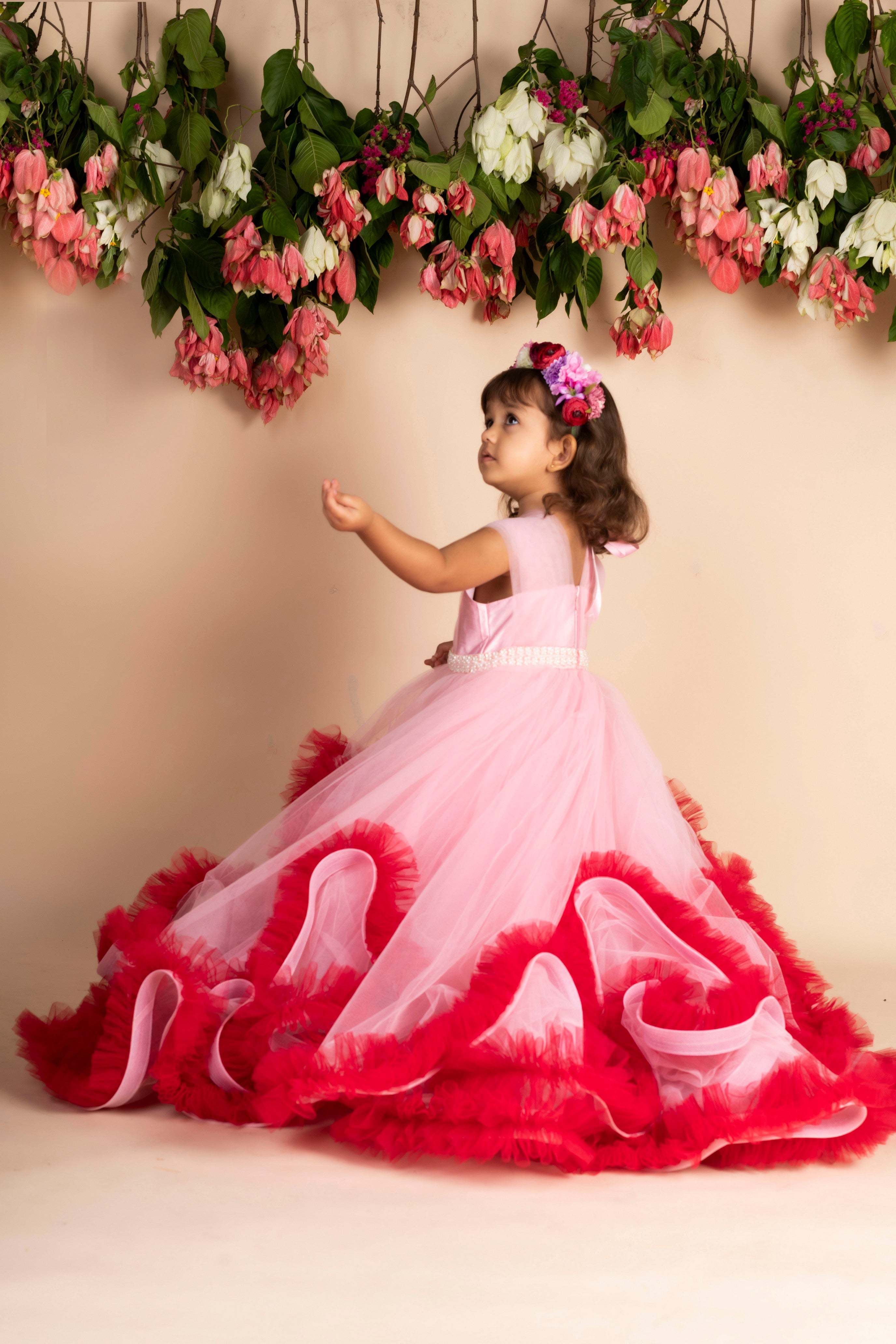 Pre Order: Elegant Pink Wine Trail Ruffled Gown - Perfect for Weddings, Parties & Special Occasions