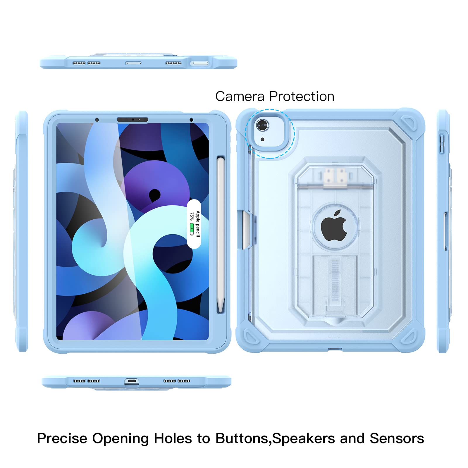 Clear Shockproof iPad Air 5th/4th Gen Case (10.9 Inch 2022/2020) - Built-in Screen Protector & Apple Pencil Holder with Kickstand - Dual Layer Protection in Clear & Sky Blue - Perfect for Work, School & Travel