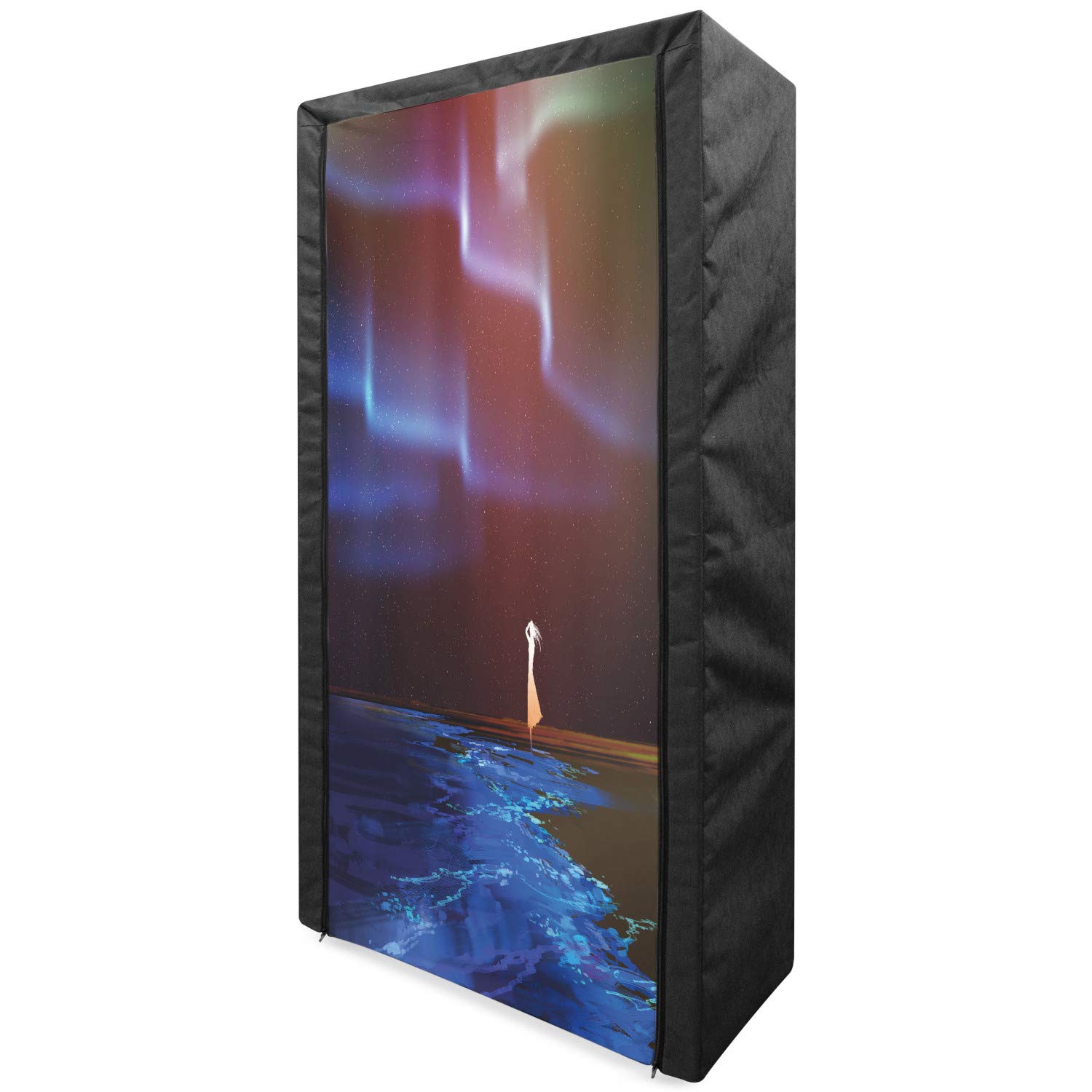 Ambesonne Fantasy Fabric Wardrobe - Psychedelic Aurora Borealis Beach Design, Blue Purple Clothing Organizer with Shelves, 33.5 Inch Portable Storage Closet | Perfect for Bedroom, Dorm, Travel & Small Space Organization