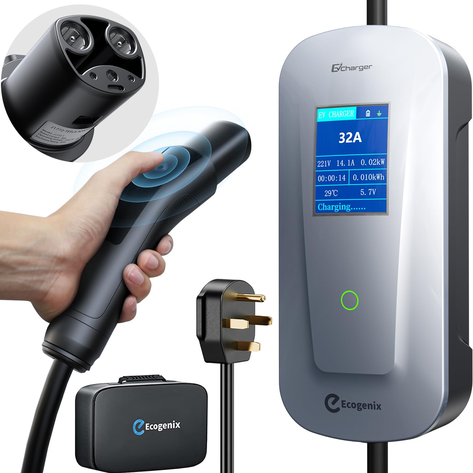 Fast Tesla Level 2 Charger (32Amp, NEMA 14-50P) with 25ft Cable - Adjustable Current, Timed Charging & Big-Screen Friendly | Home & Portable NACS Charger for Tesla Model Y/3/X/S/Cybertruck | Perfect for Home Charging, Road Trips & Daily Commutes