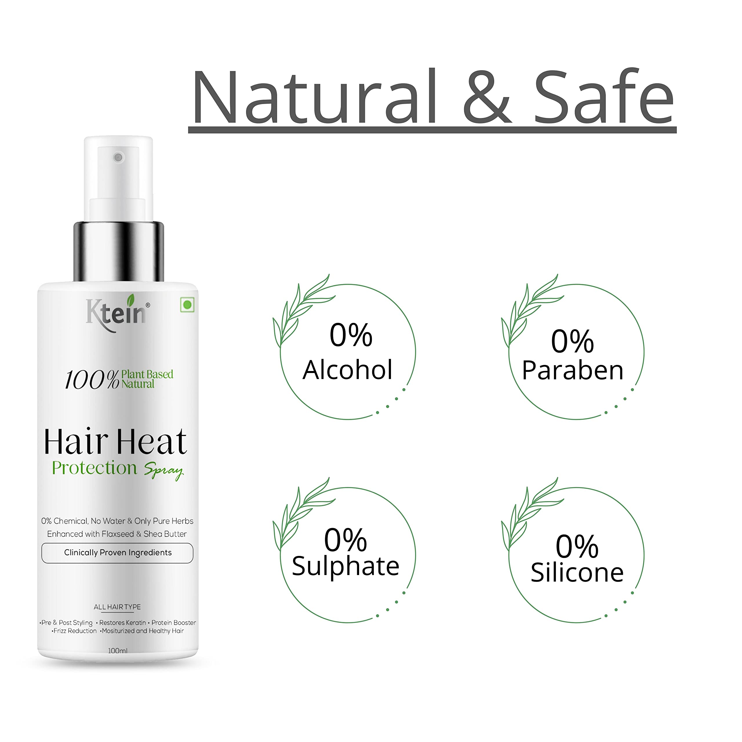 100% Plant-Based Natural Hair Heat Protection Spray - 100ml for Frizz Control & Shine - Perfect for Blow Drying, Straightening & Styling