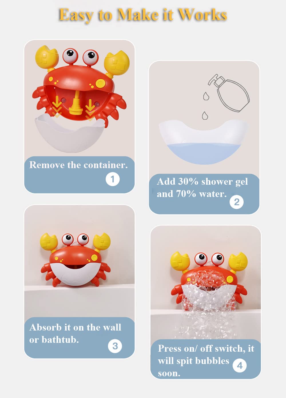 Electric Crab Bubble Maker for Bath Time - Kids Bathtub Bubble Machine with Music & Suction Cups, Fun Cartoon Bubble Blower Toy for Toddlers (Red) - Perfect for Sensory Play, Baby Bath Time & Pool Parties