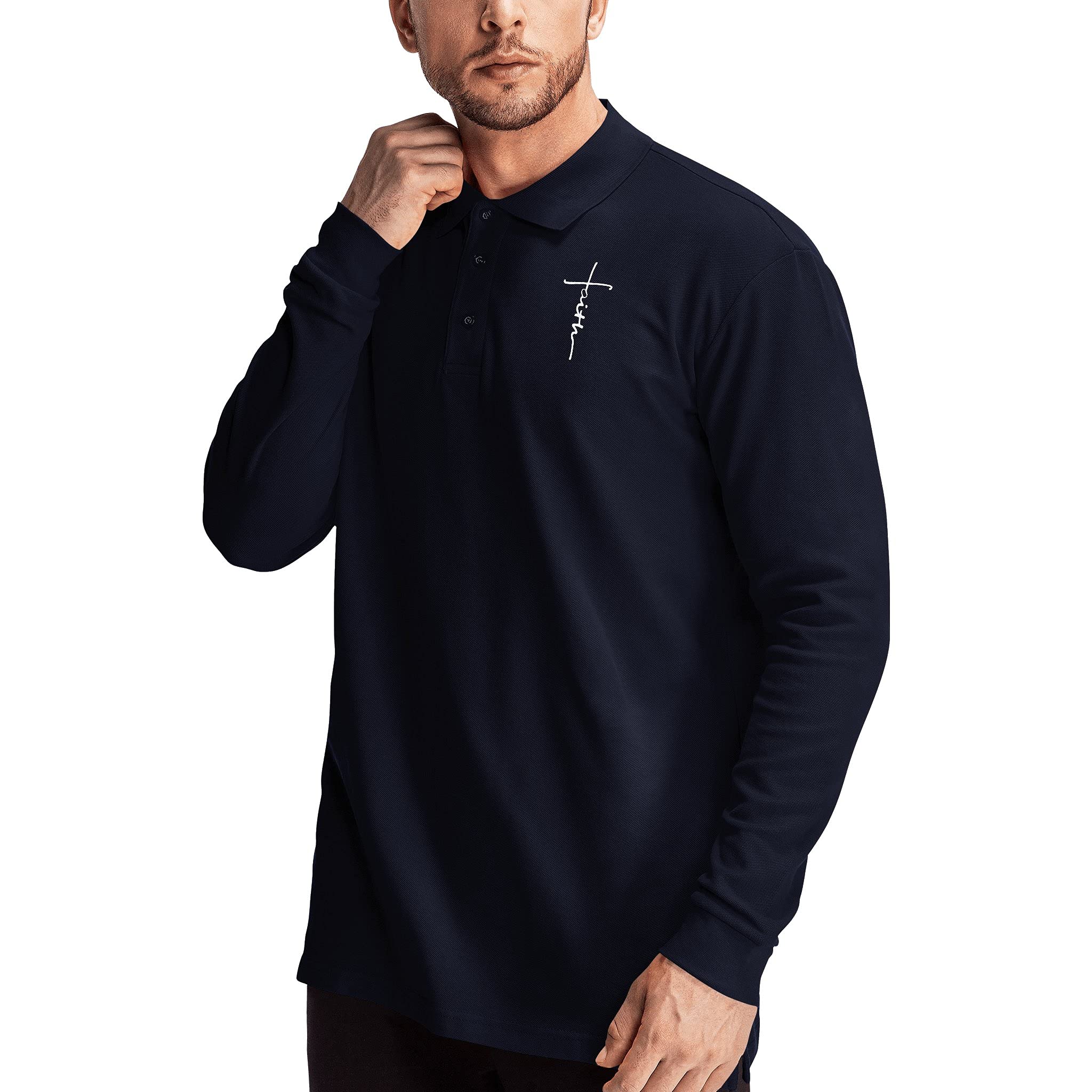 Cross Faith Jesus Cotton Polo T-Shirts for Men - Religious Christian Long Sleeve Summer Shirts - Church Worship & Everyday Casual Wear