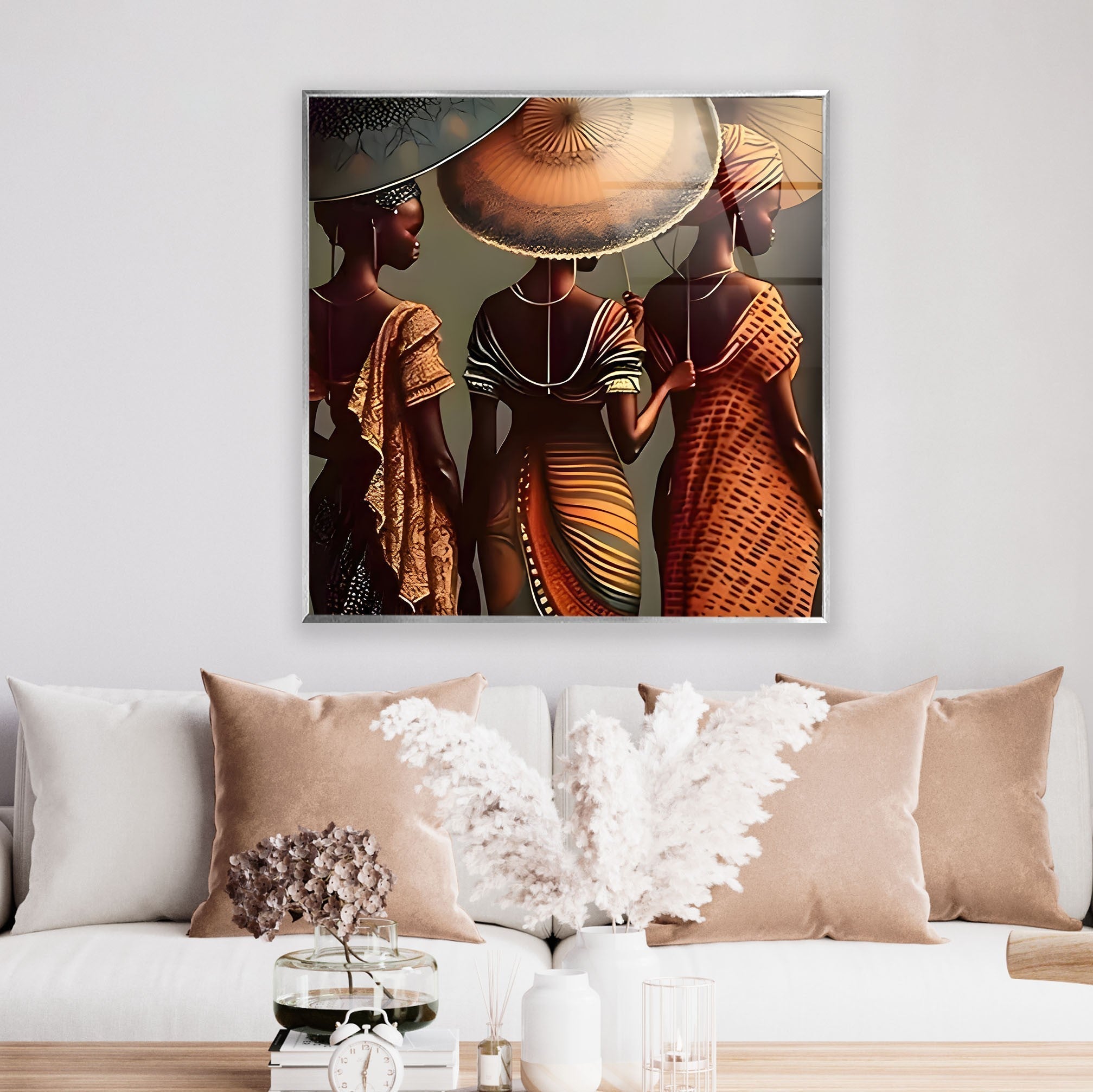 African Woman with Umbrella Glass Wall Art - Elegant Home Decor for Living Room, Bedroom & Office - Unique Handmade African Artwork for Wall Display