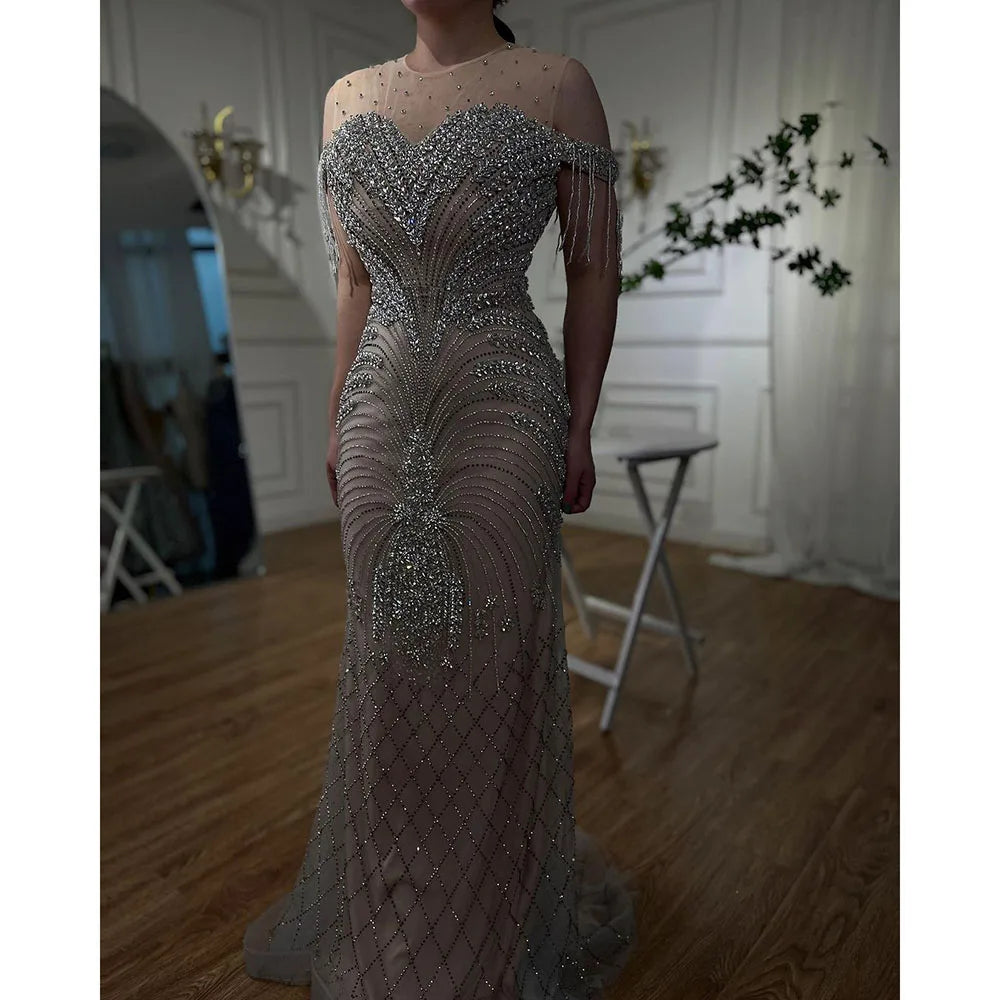 Elegant Arabic Silver Nude Mermaid Evening Gown with Tassel Beading - Luxury Dubai Party Dress for Women - Perfect for Formal Events, Weddings & Red Carpet Occasions