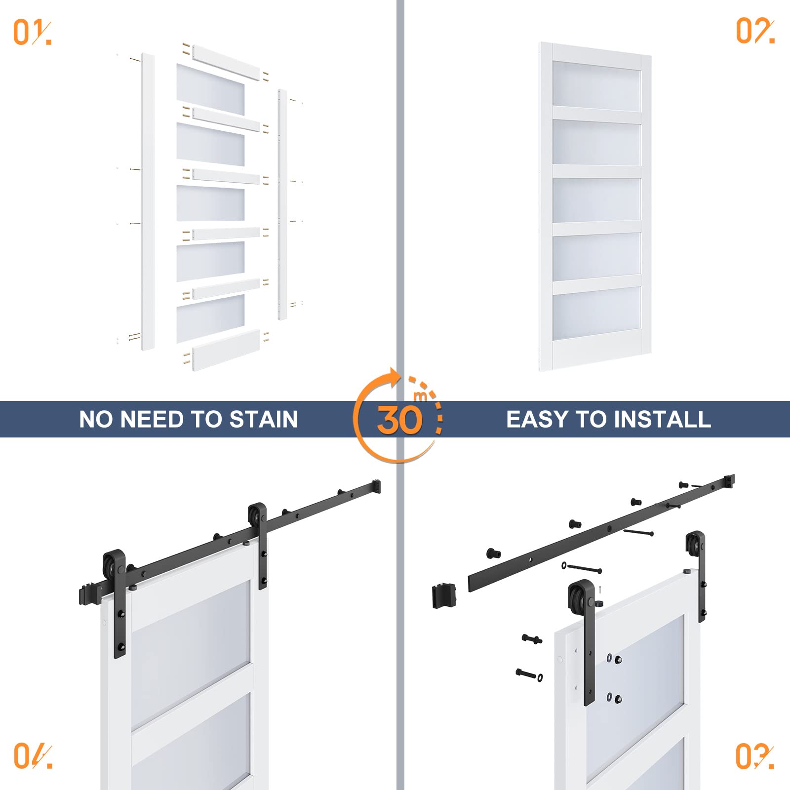 42x80 Inch Frosted Glass Sliding Barn Door with 7ft Hardware Kit - White Waterproof & Scratch-Resistant PVC LVL Wood Panel - Easy DIY Assembly for Bedroom, Bathroom, or Closet Renovation