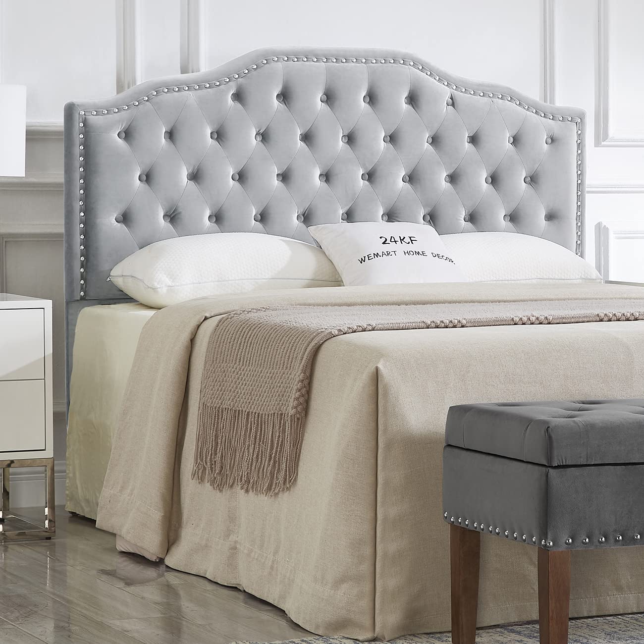 24KF Upholstered Button Tufted Queen/Full Size Headboard with Nailhead Trim - Soft Velvet Fabric for Bedroom Decor - Elegant Gray Headboard for Master Bedroom or Guest Room