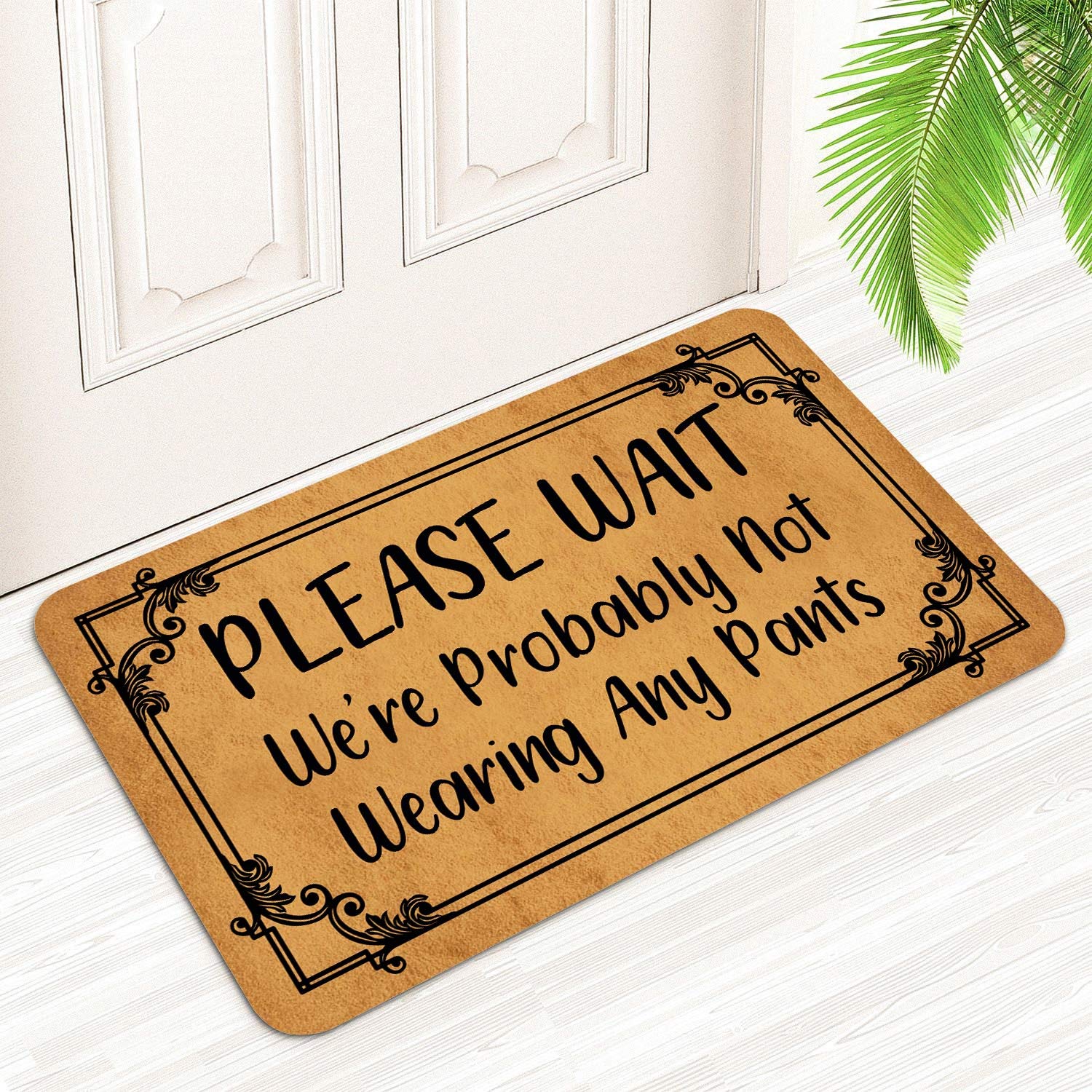 Funny Doormat 'Hold On We're Probably Not Wearing Any Pants' - Non-Slip Rubber Backing, Machine Washable Indoor/Outdoor Entrance Mat 29.5x17.7 Inches - Perfect for Front Door, Home Decor & Gifts