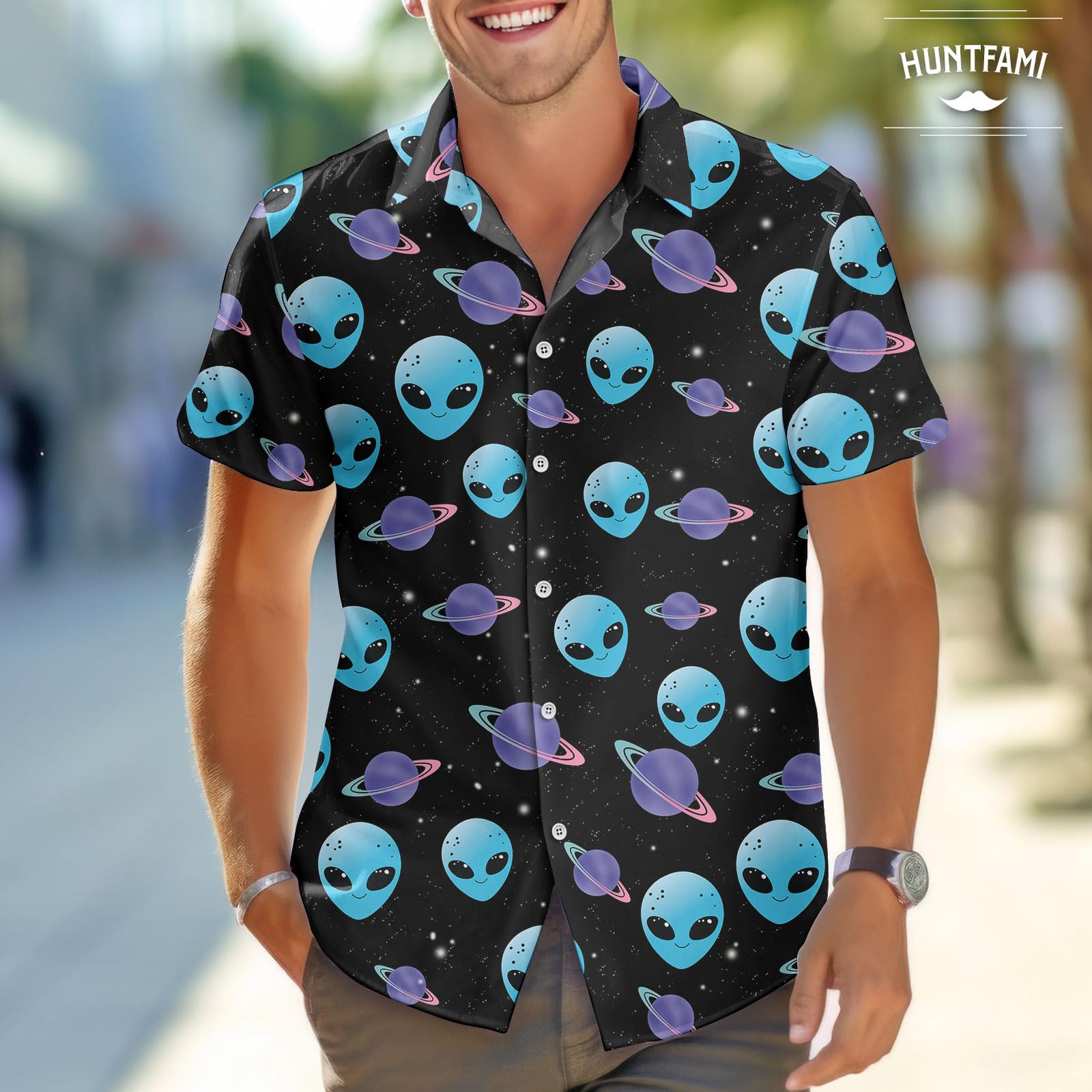 HUNTFAMI Men's Short Sleeve Button Down Hawaiian Shirt - Breathable Casual Summer Shirt for Beach, Vacation & Outdoor Activities