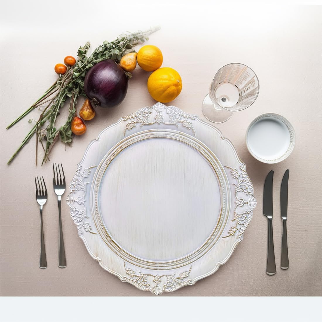 Antique White 13 Inch Embossed Plastic Charger Plates - Elegant Dinner Plate Chargers for Weddings, Parties & Formal Dining (Set of 6) | Perfect for Table Settings, Buffet Displays & Special Occasions