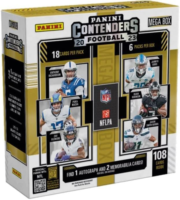 2023 Panini Contenders Football Mega Trading Card Box - 108 Cards with 1 Autograph & Teal Parallels - Collectible NFL Trading Cards for Sports Fans & Card Enthusiasts