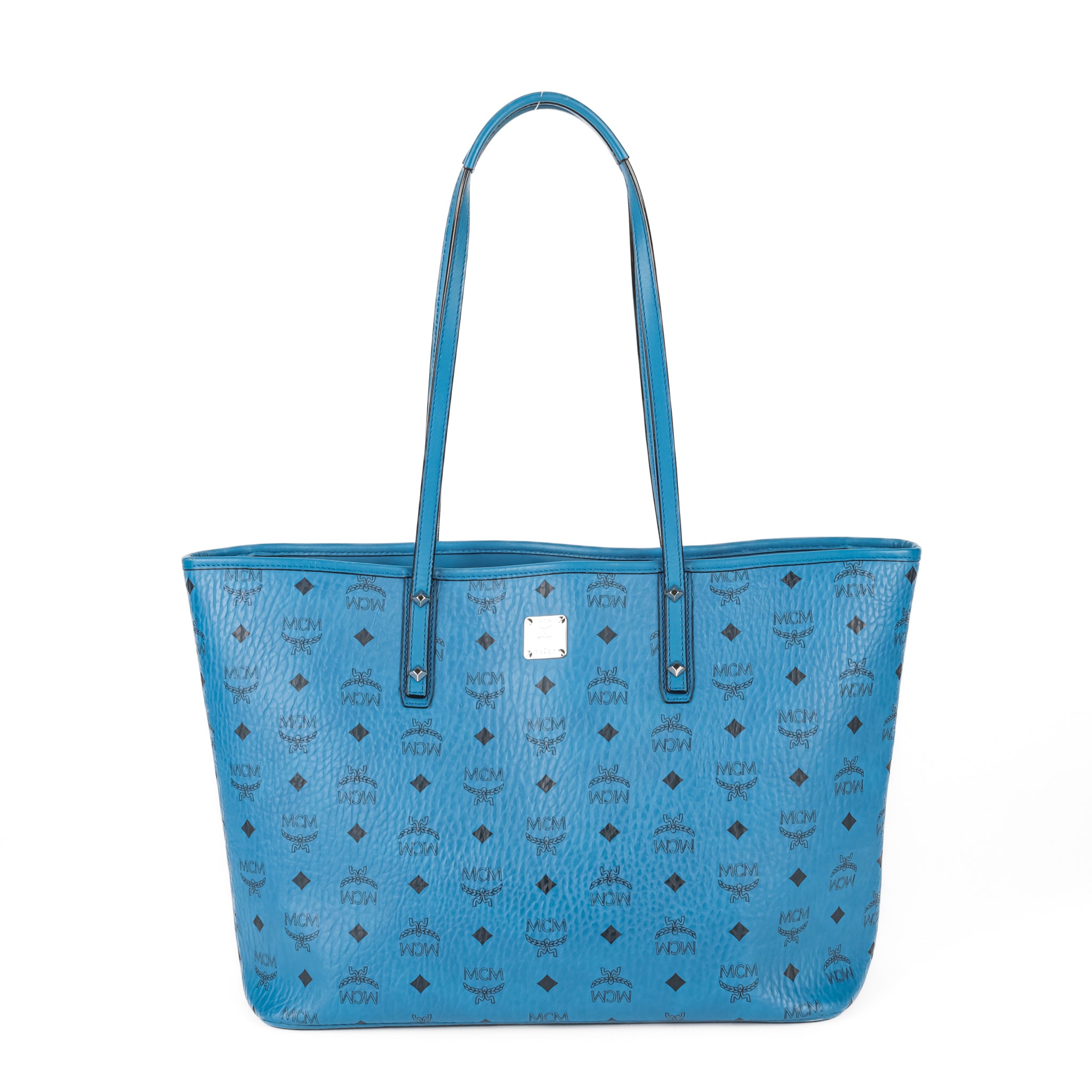 MCM Blue Leather Monogram Tote Bag for Women - Luxury Designer Handbag with Signature Logo - Perfect for Work, Travel & Everyday Use